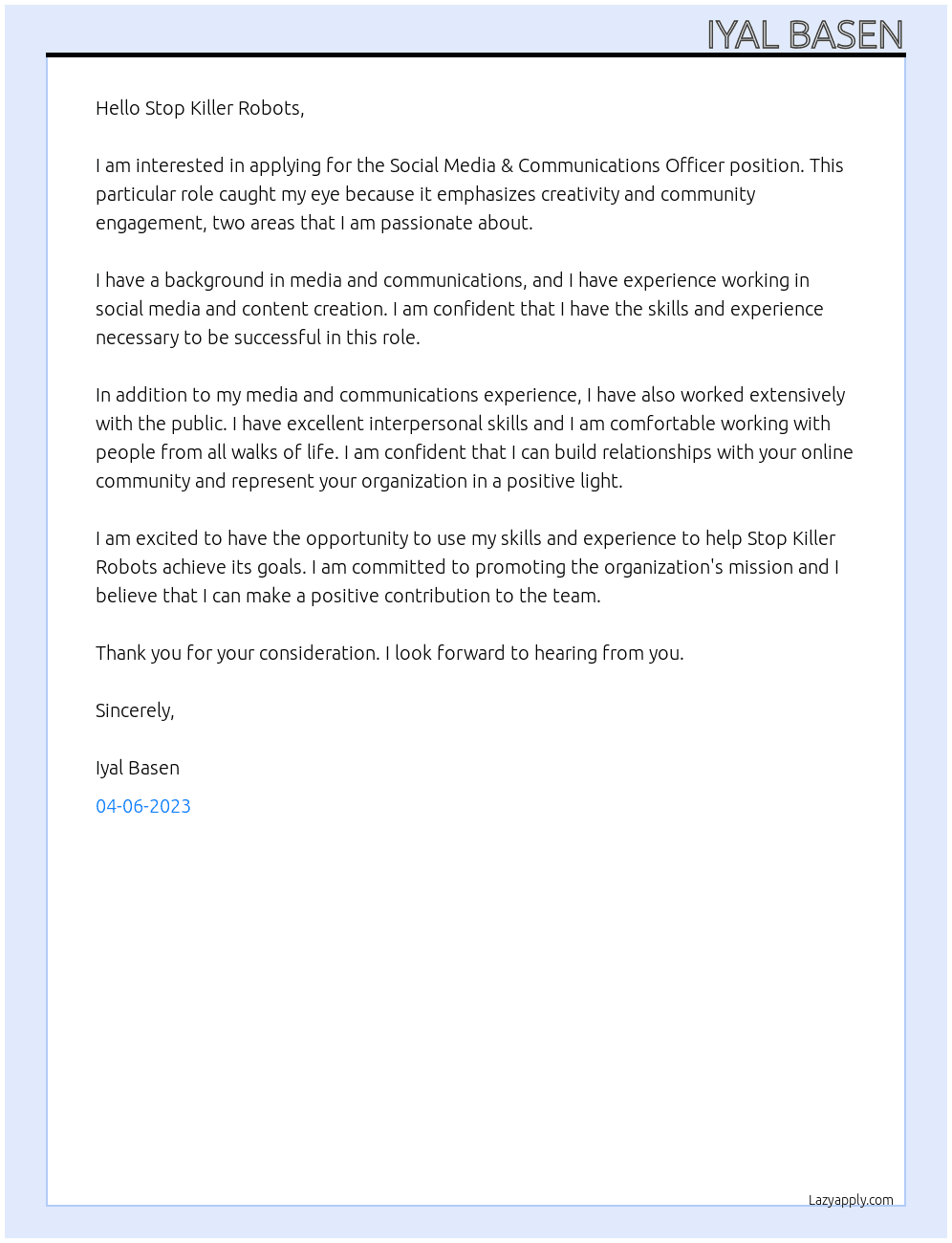 Social Media & Communications Officer At Stop Killer Robots Cover Letter