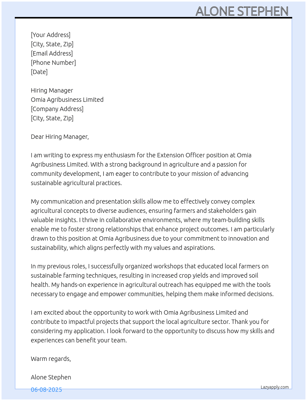 Extension Officer  At Omia Agribusiness Limited  Cover Letter