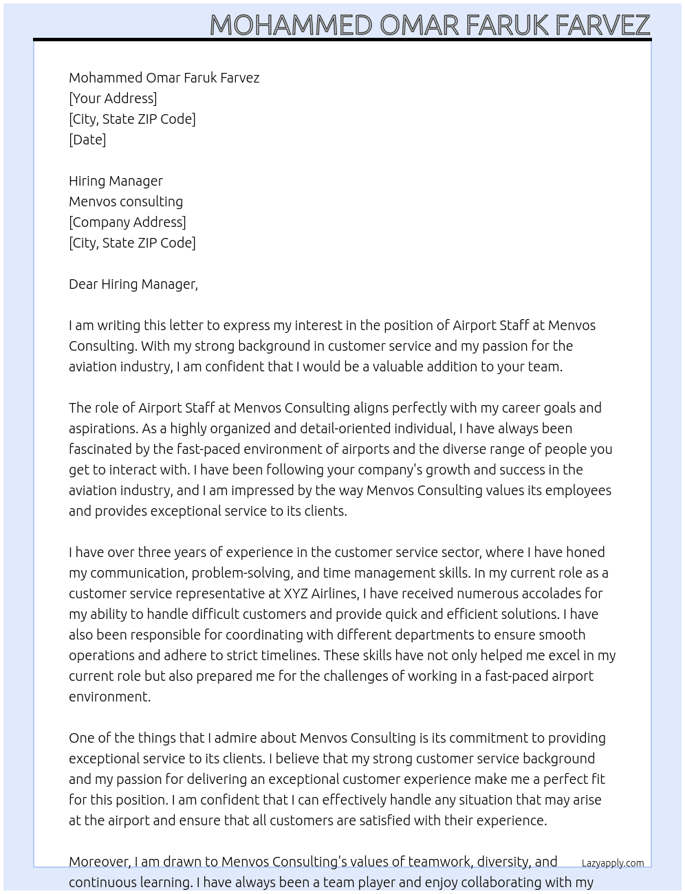 Airport staff At Menvos consulting  Cover Letter