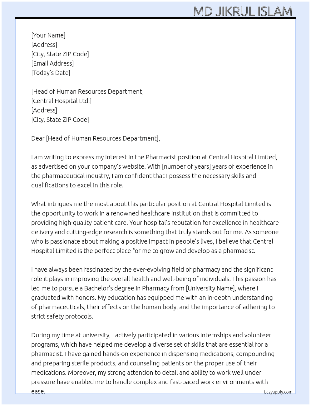 Pharmacist At Central Hospital  Limited  Cover Letter