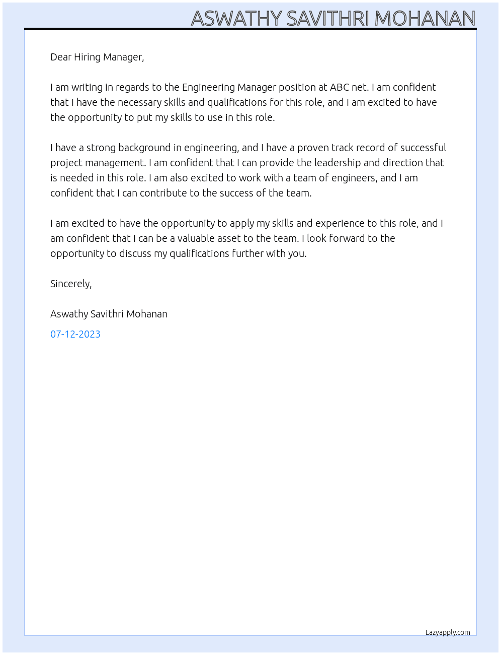 Engineering Manager At ABC net Cover Letter