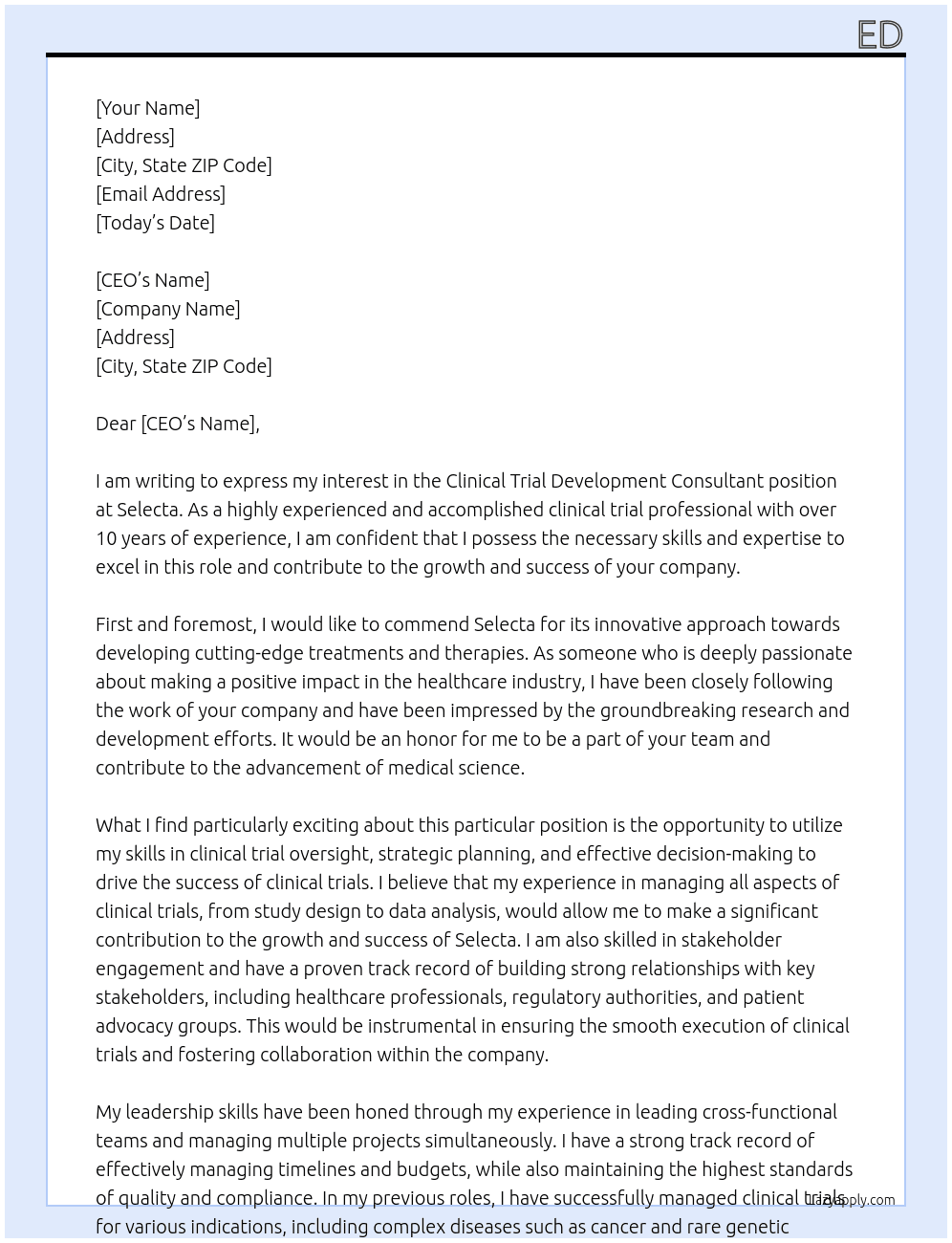 Clinical Trial Development Consultant At Selecta Cover Letter