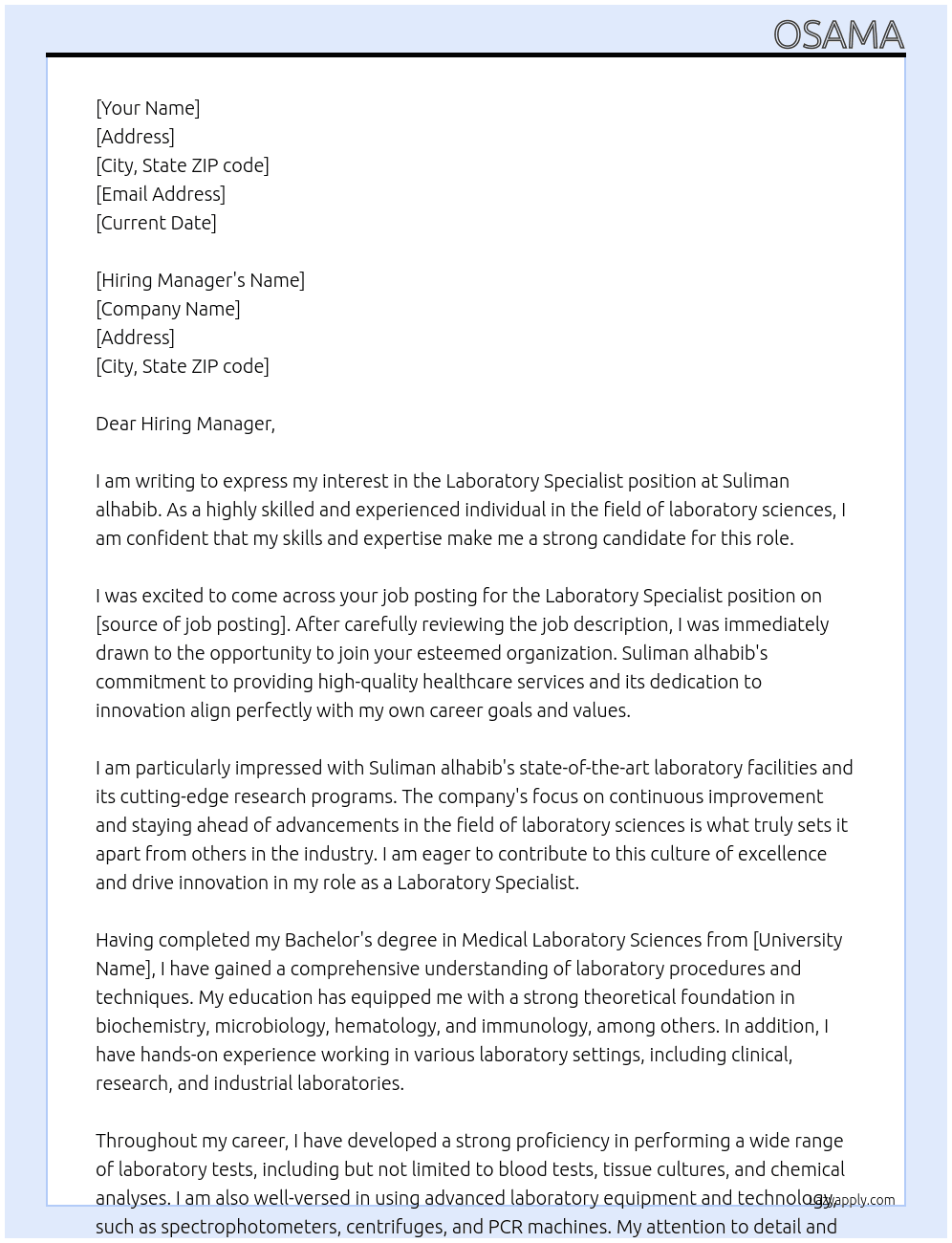 Laboratory specialist  At Suliman alhabib Cover Letter