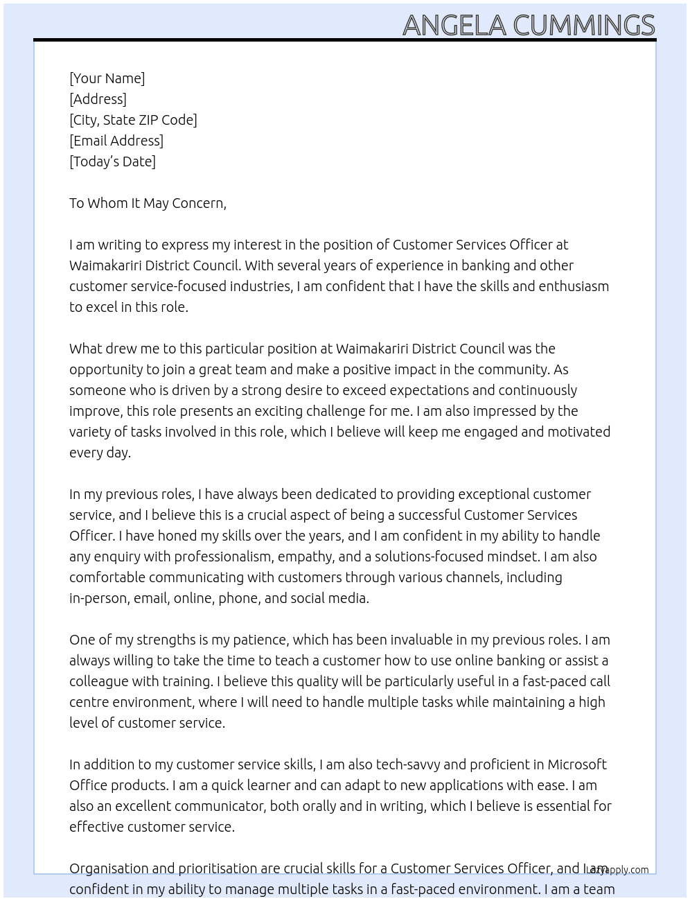 Customer Services Officer - Full time At  Waimakariri District Council Cover Letter