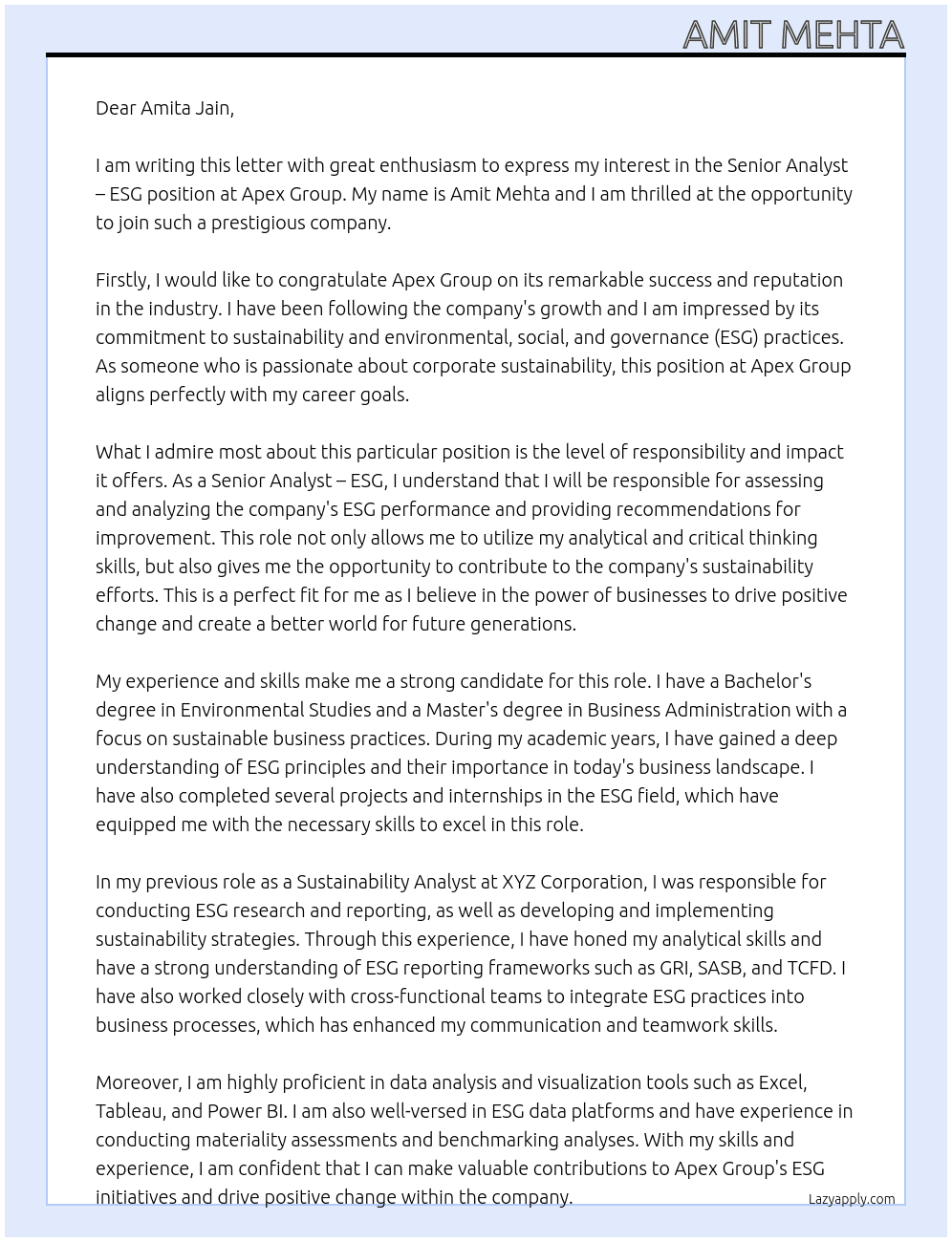 Senior Analyst – ESG At Apex Group Cover Letter