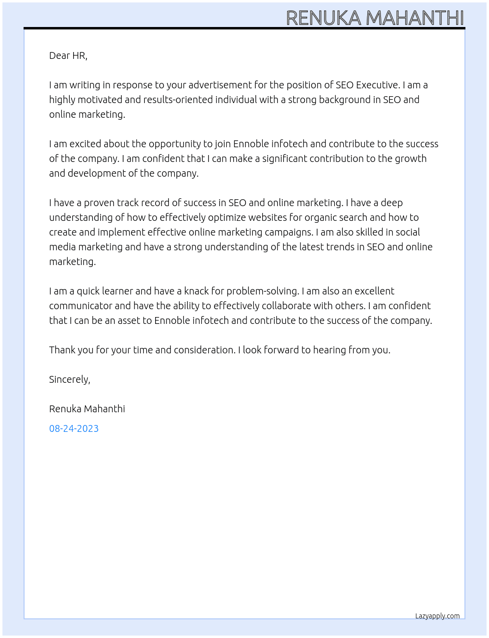 SEO EXECUTIVE fresher  At Ennoble infotech Cover Letter
