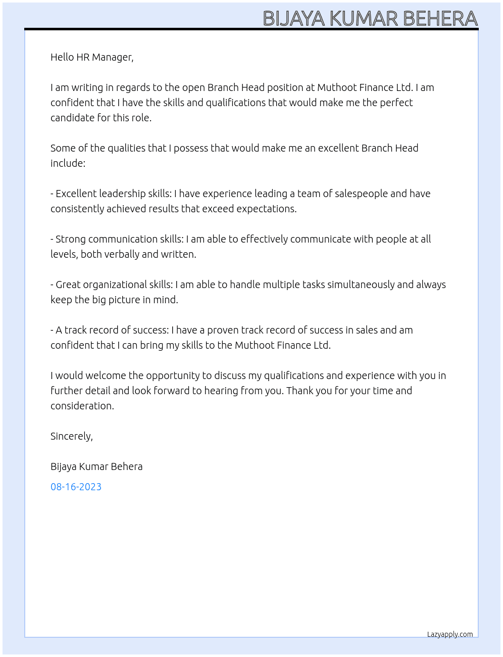 Branch Head At Muthoot Finance Ltd  Cover Letter