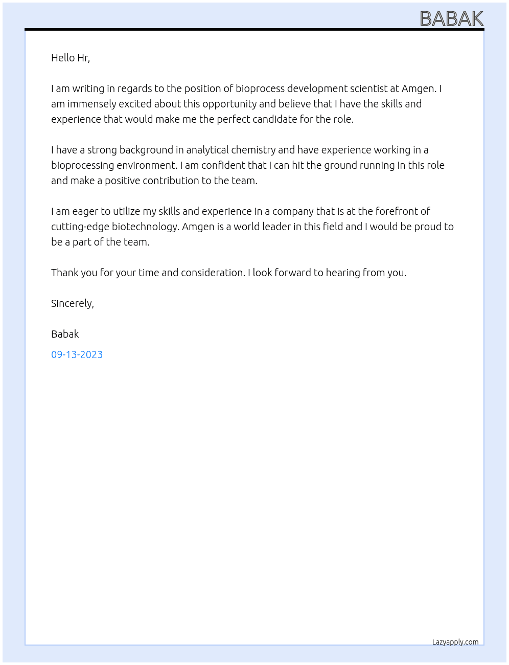 bioprocess development scientist At amgen Cover Letter