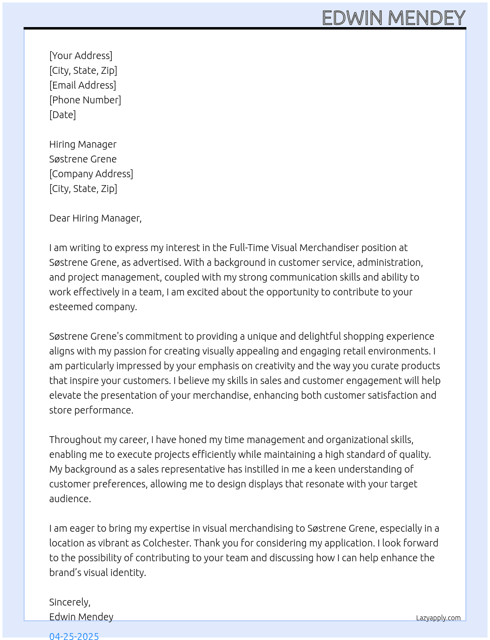 Visual Merchandiser At Søstrene Grene Cover Letter