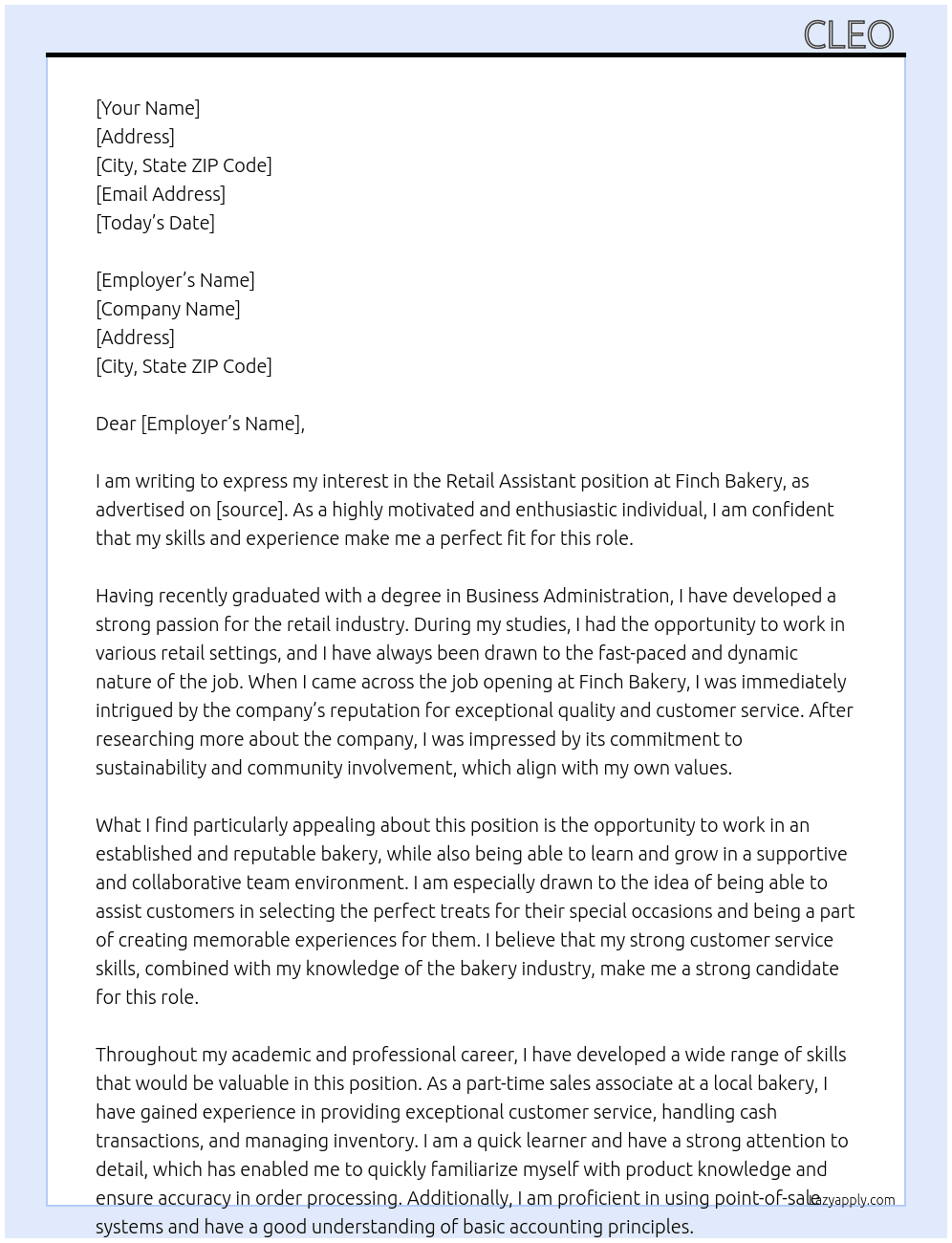 Retail assistant  At Finch bakery  Cover Letter