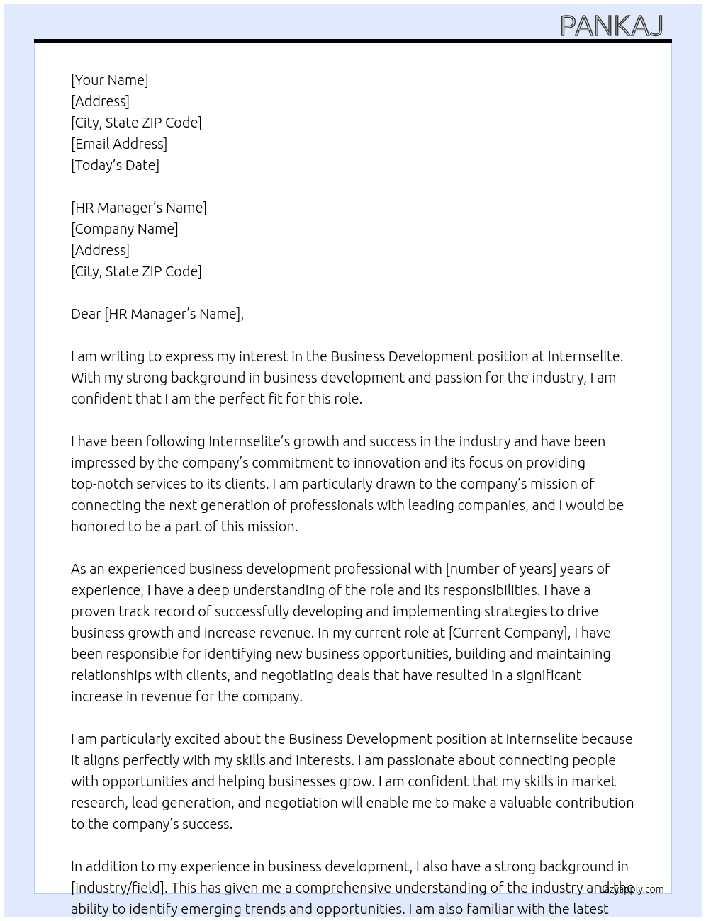 Business Development  At Internselite  Cover Letter