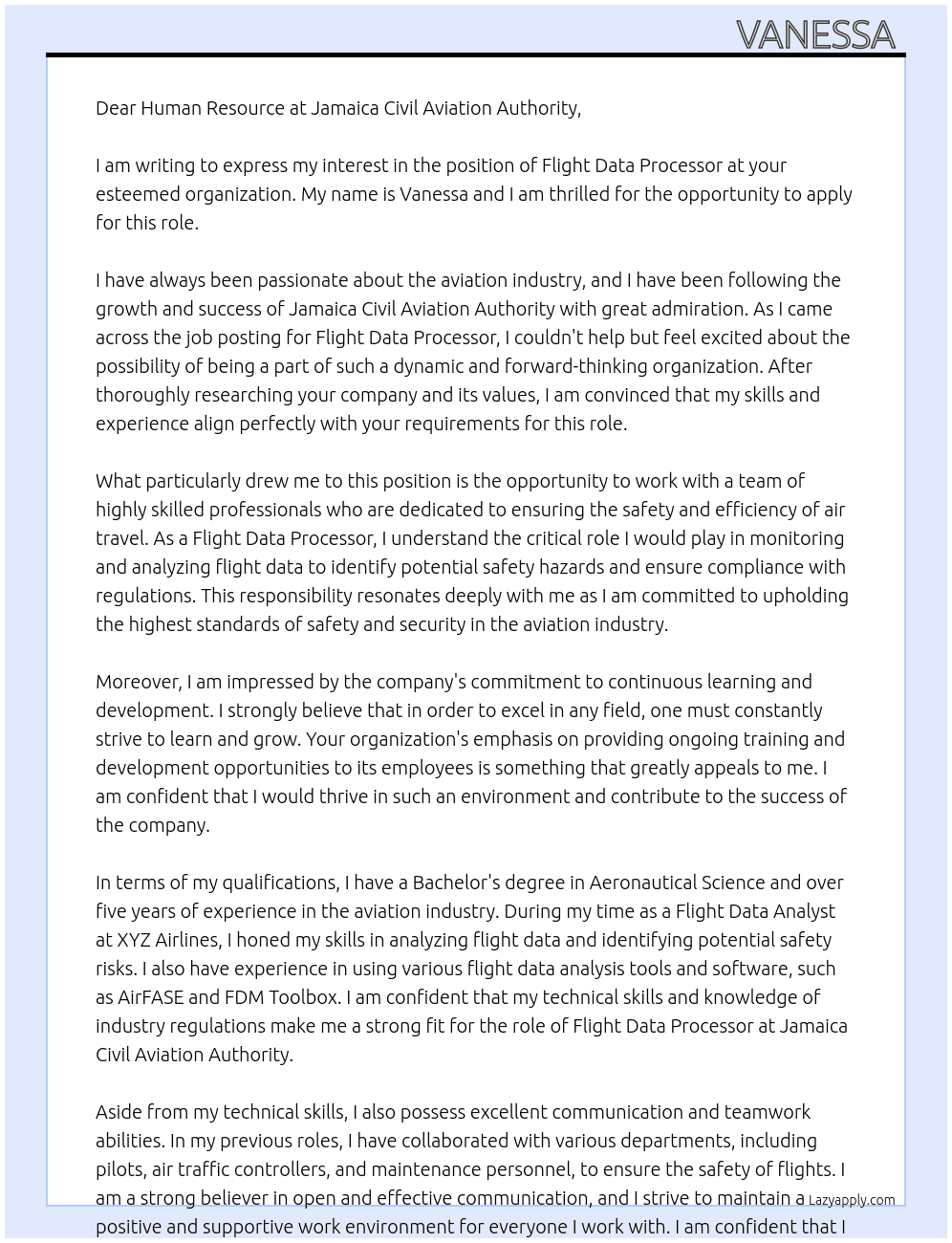 flight data processors  At Jamaica civil aviation authority  Cover Letter