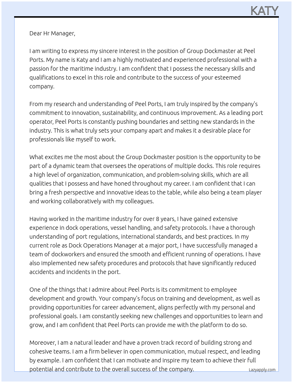 Group Dockmaster At Peel Ports Cover Letter