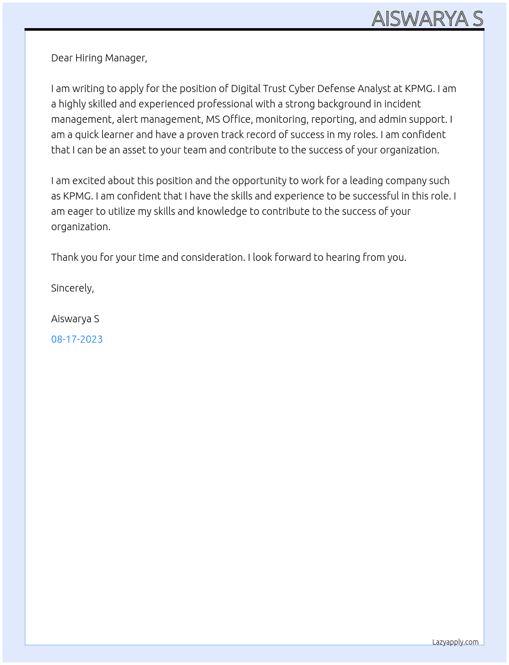 Cover letter for digital trust cyber defense analyst - LazyApply
