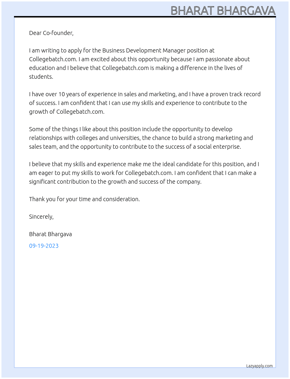 Business development manager  At Collegebatch.com Cover Letter
