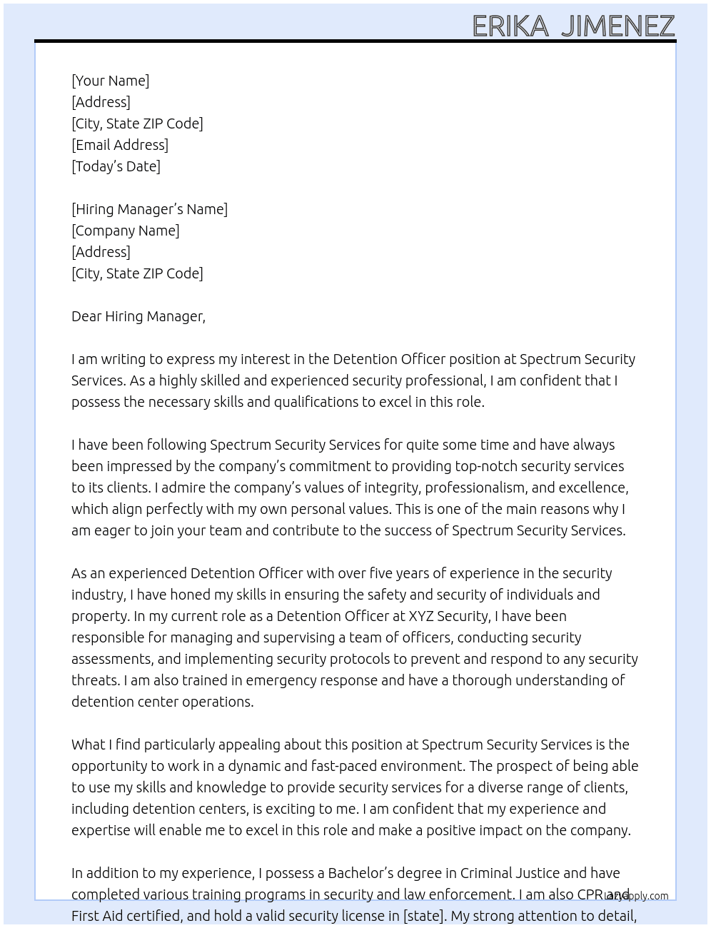 Detention Officer  At Spectrum Security Services  Cover Letter