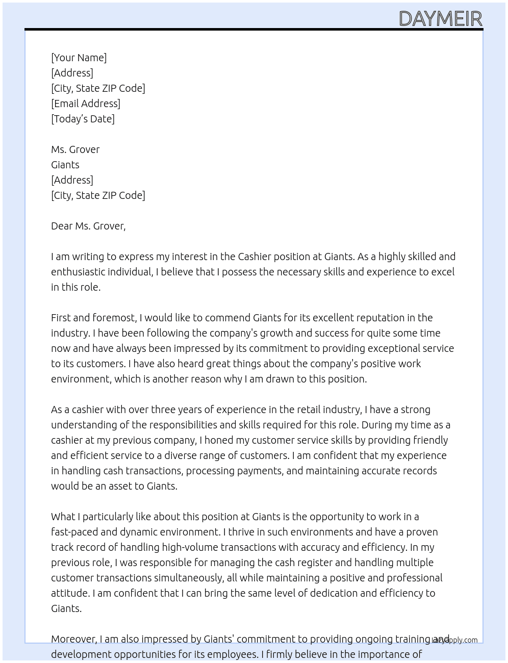 Cashier  At Giants Cover Letter
