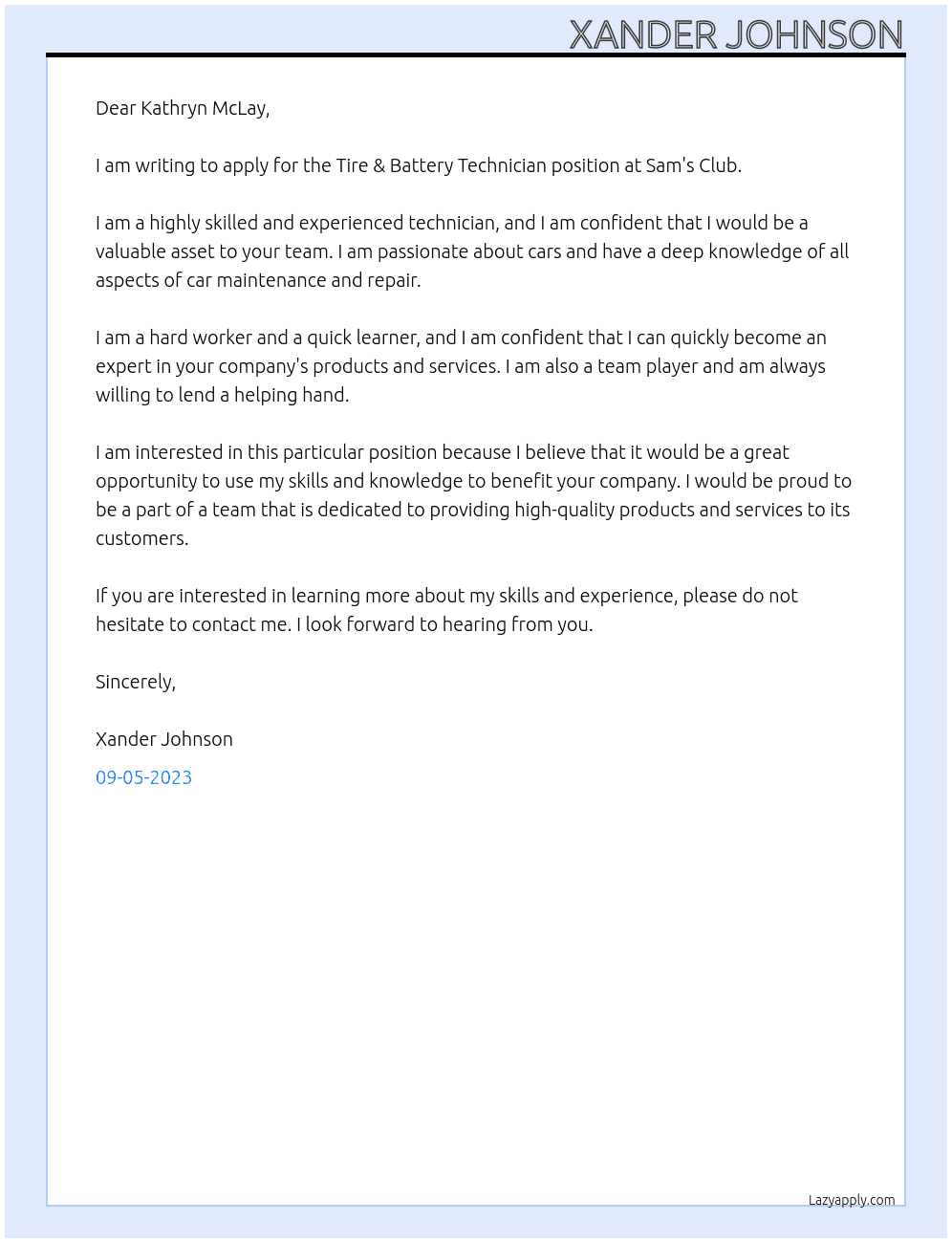 Tire & Battery Technician At Sam's Club Cover Letter