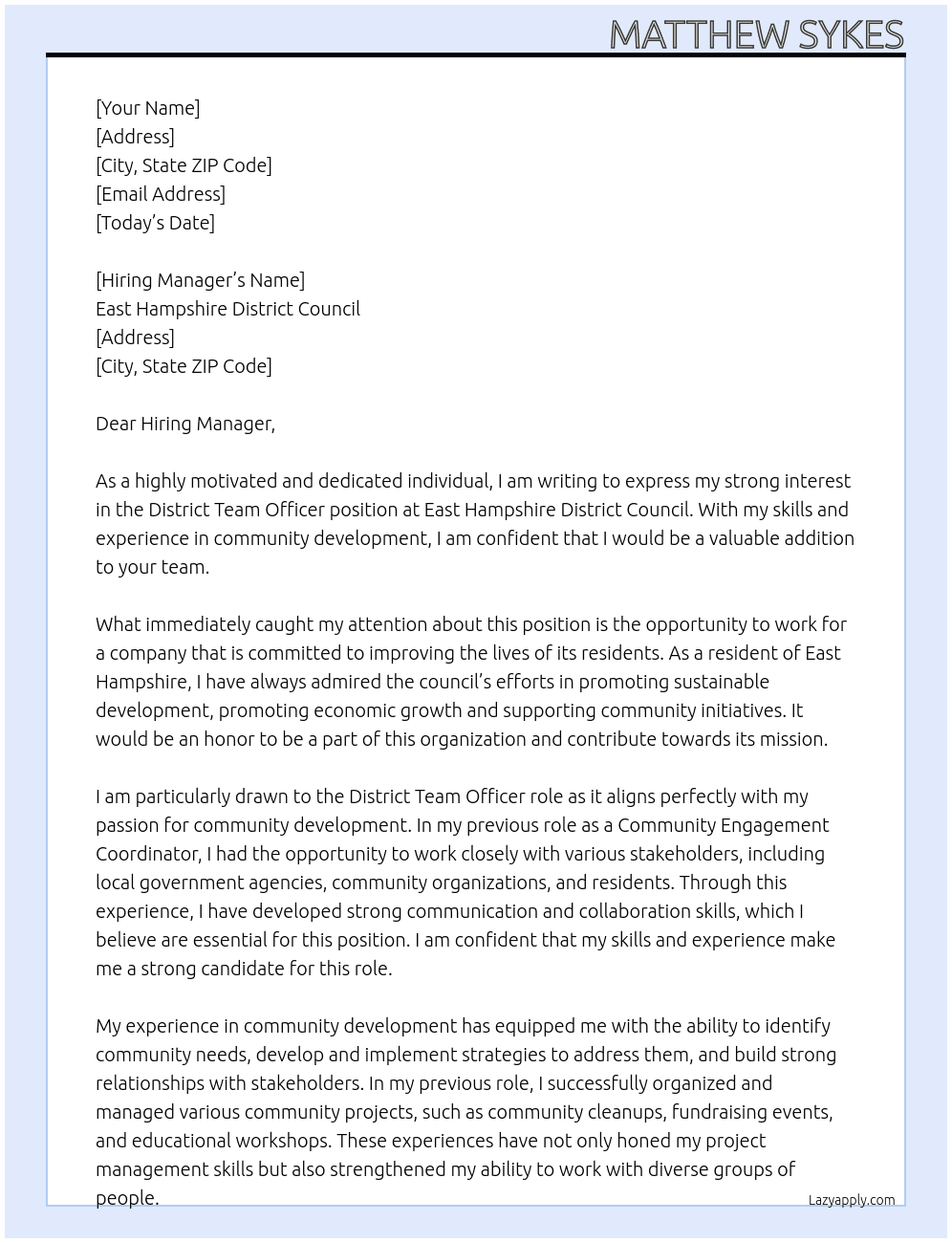 District Team Officer At East Hampshire District Council Cover Letter