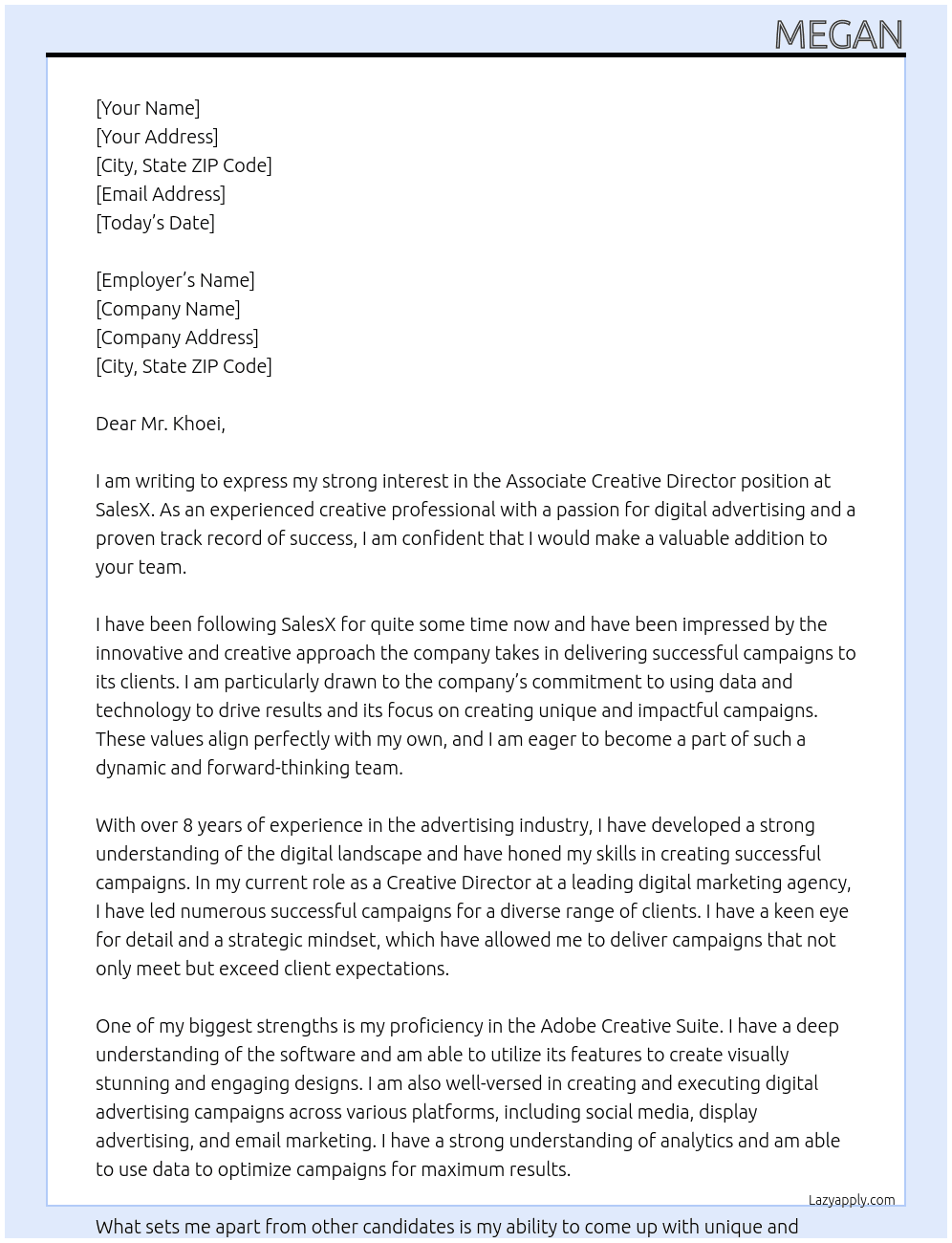 Associate Creative Director At SalesX Cover Letter