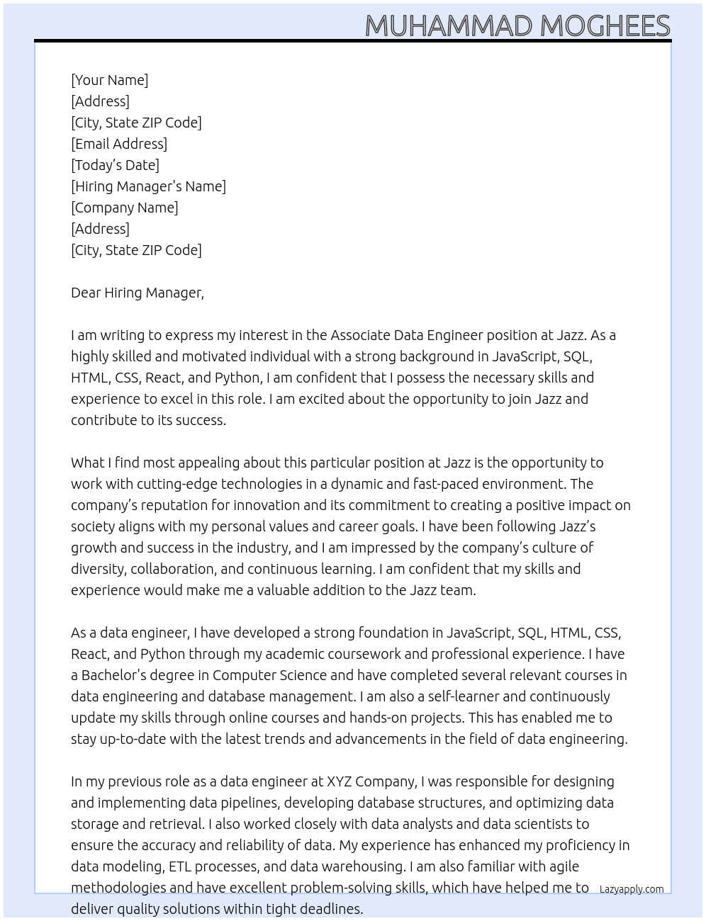 Associate Data Engineer At Jazz Cover Letter