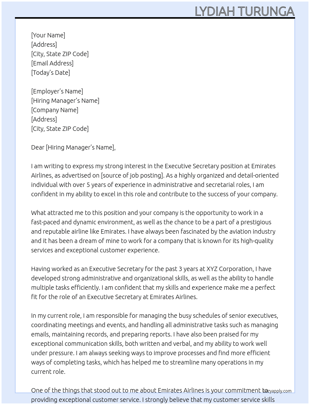 Executive Secretary At Emirates Airlines Cover Letter