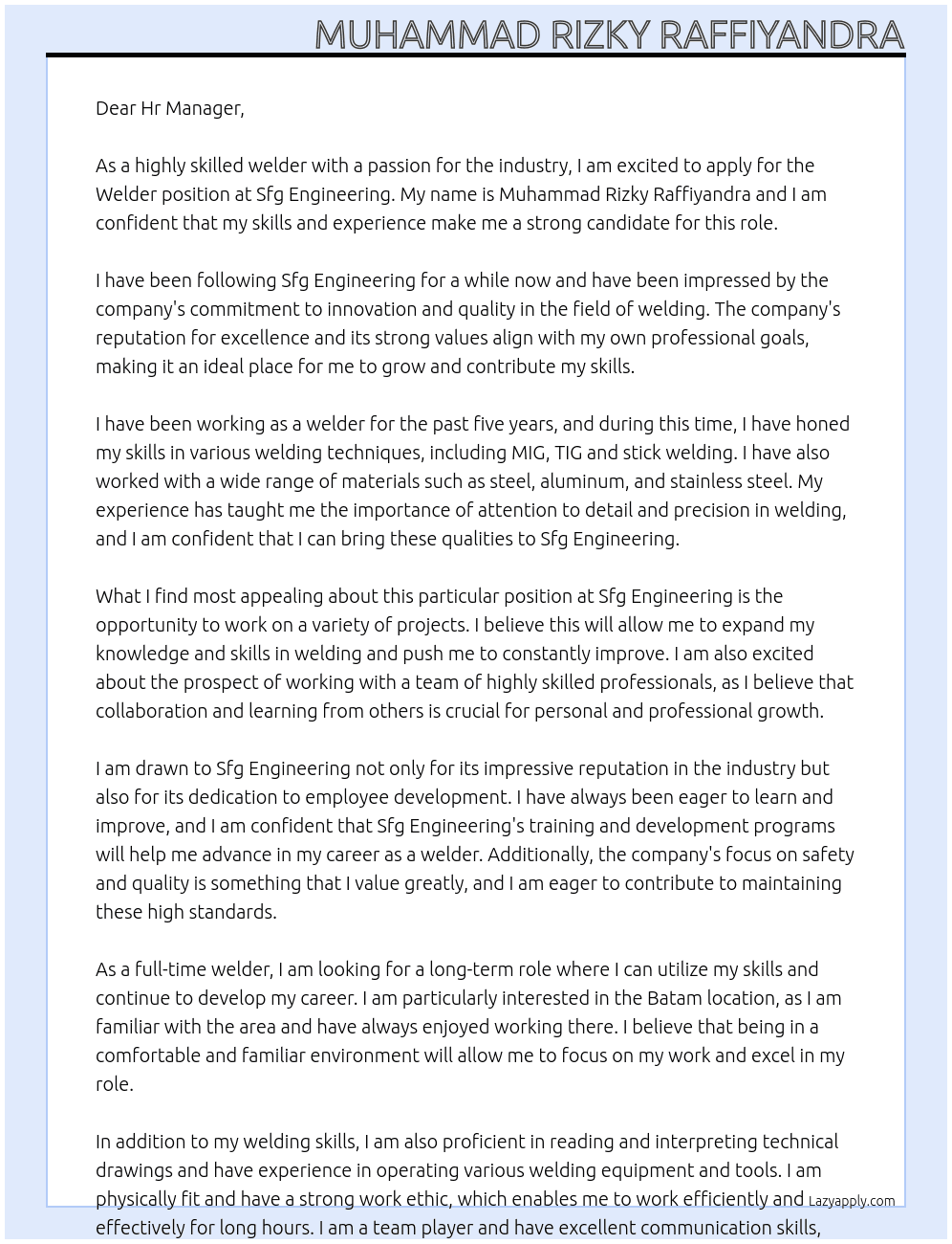 Welder At Sfg Engineering Cover Letter