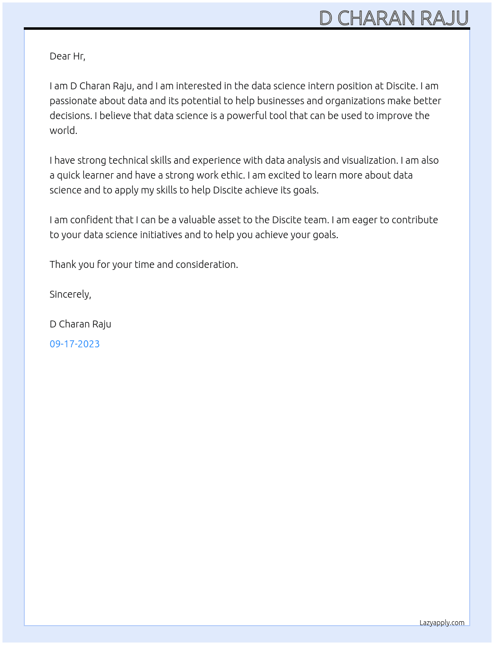 Data science intern At Discite Cover Letter
