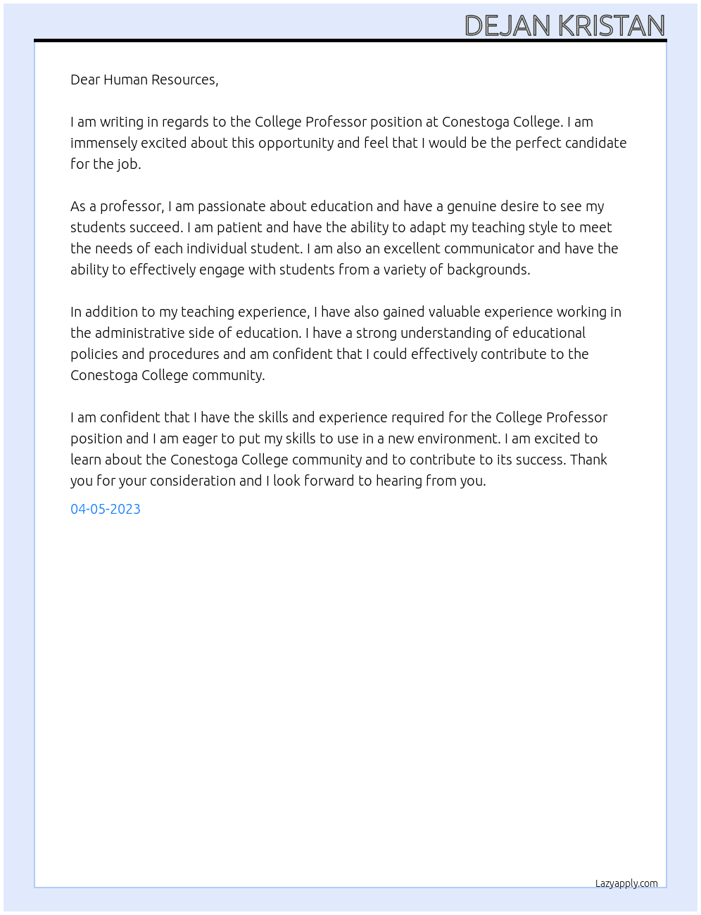 College Professor At Conestoga College Cover Letter