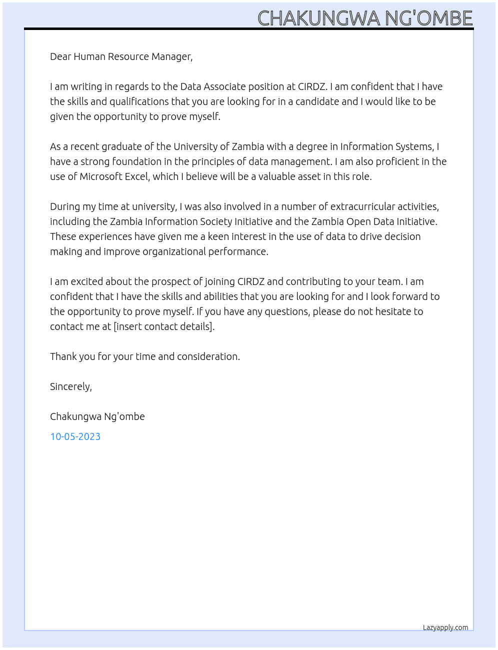 Data Associate  At CIRDZ Cover Letter