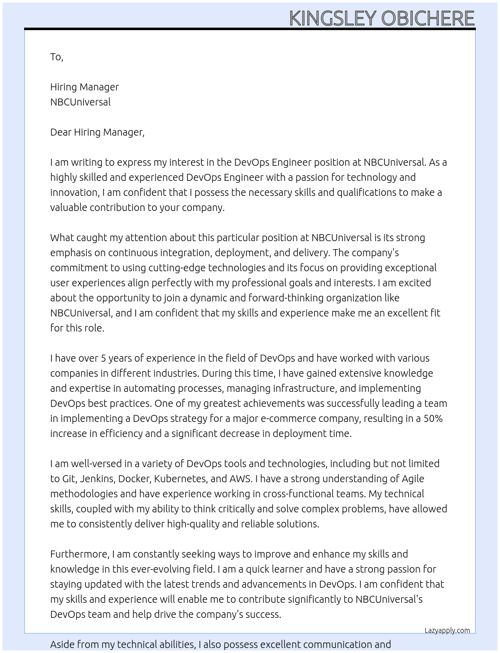 DevOps Engineer At NBCUniversal Cover Letter