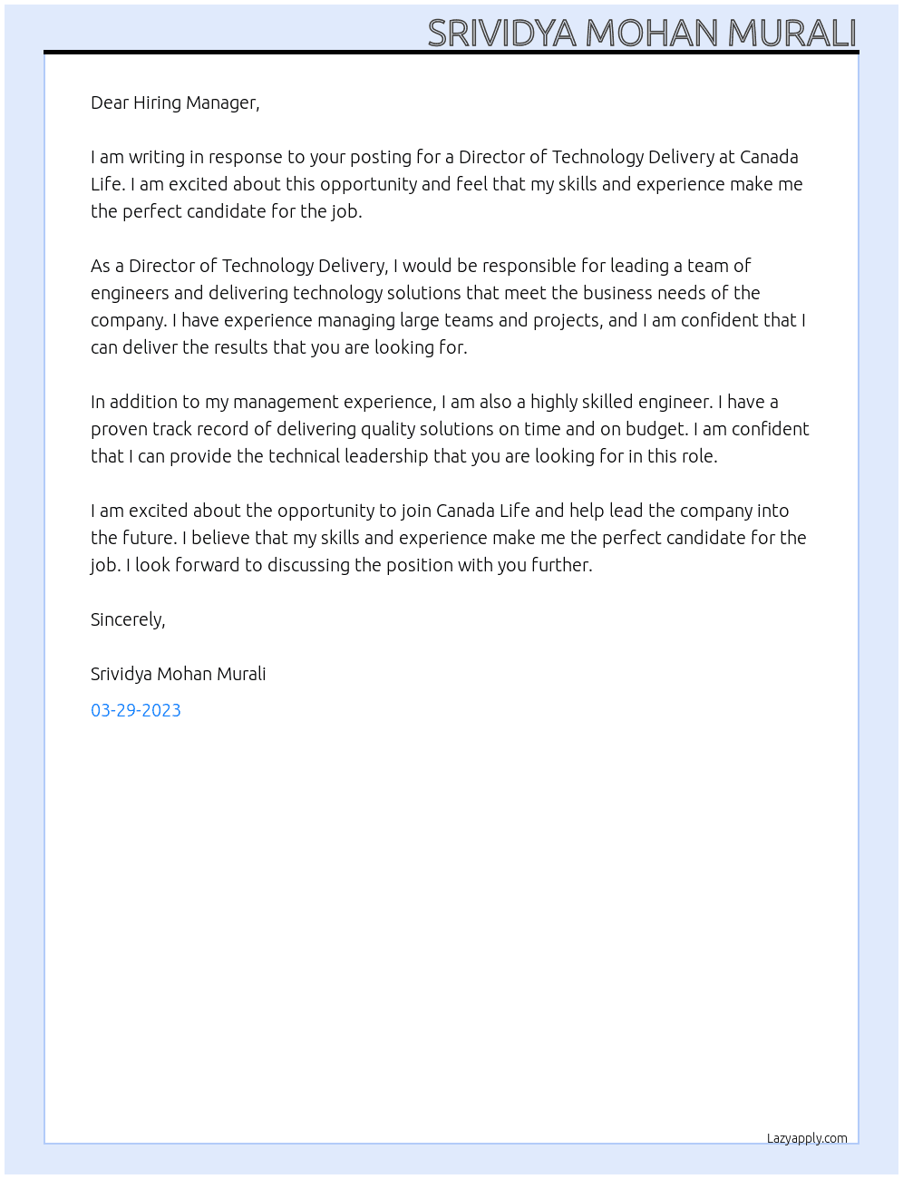 Director, Technology Delivery At Canada Life  Cover Letter
