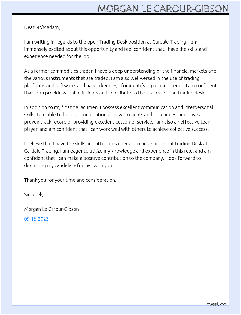 Trading desk At Cardale Trading Cover Letter