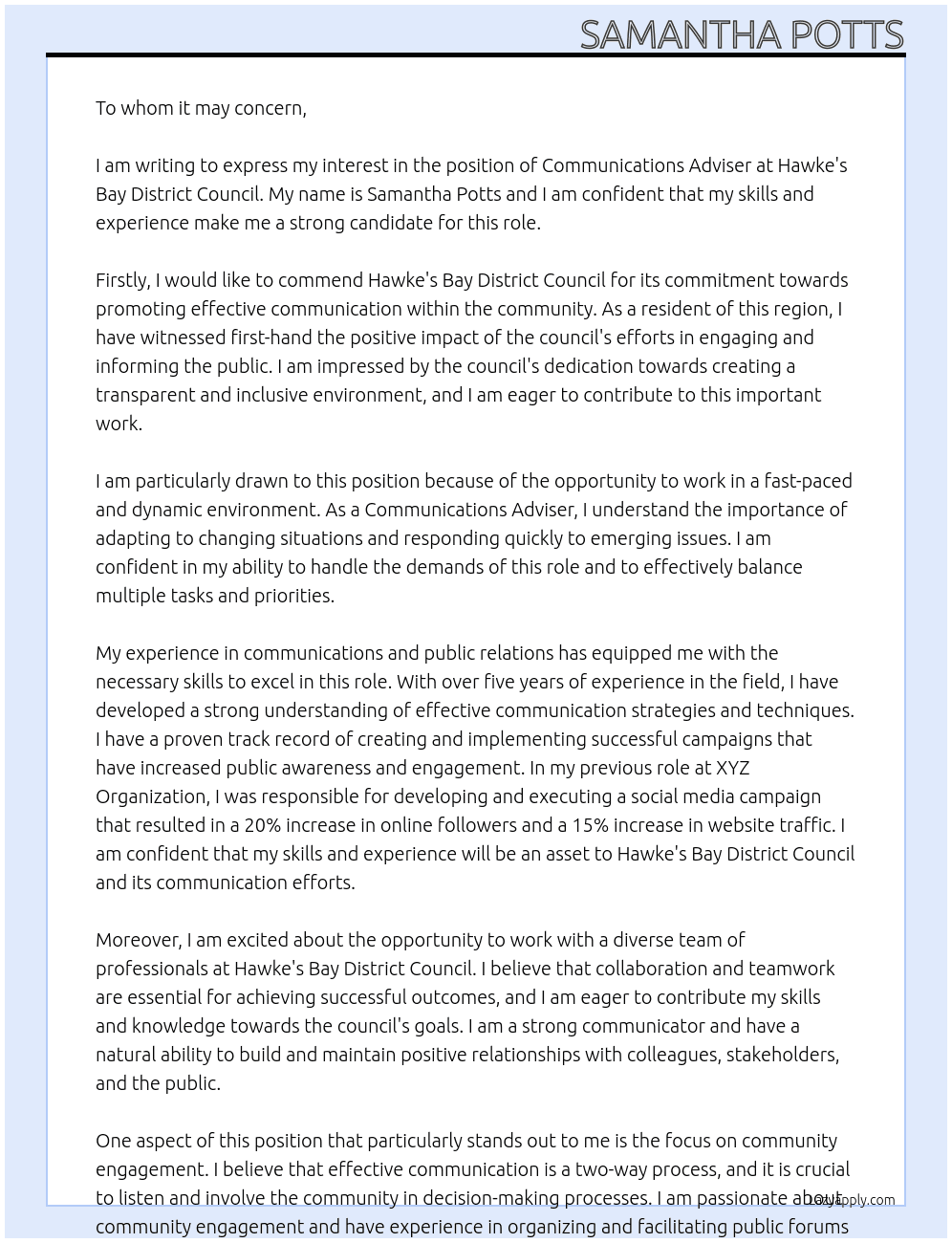 Communications Adviser  At Hawke's Bay District Council  Cover Letter