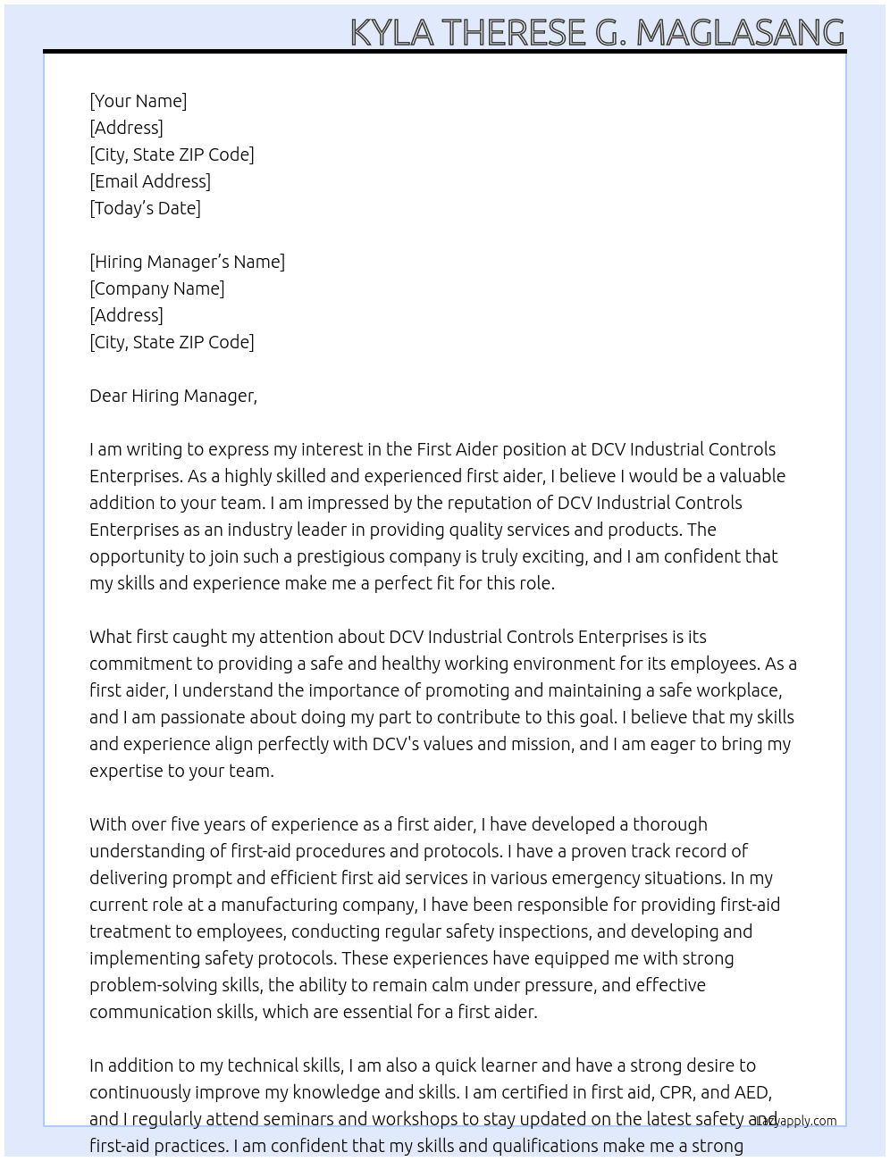 First Aider At DCV Industrial Controls Enterprises Cover Letter
