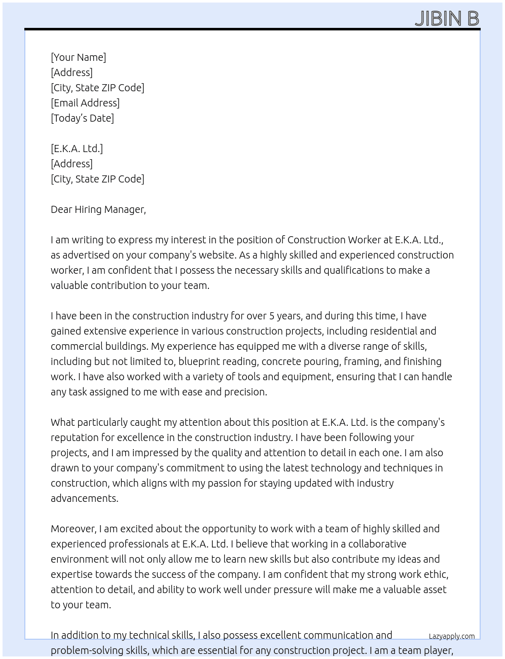 Construction worker At E.K.A. Ltd. Cover Letter