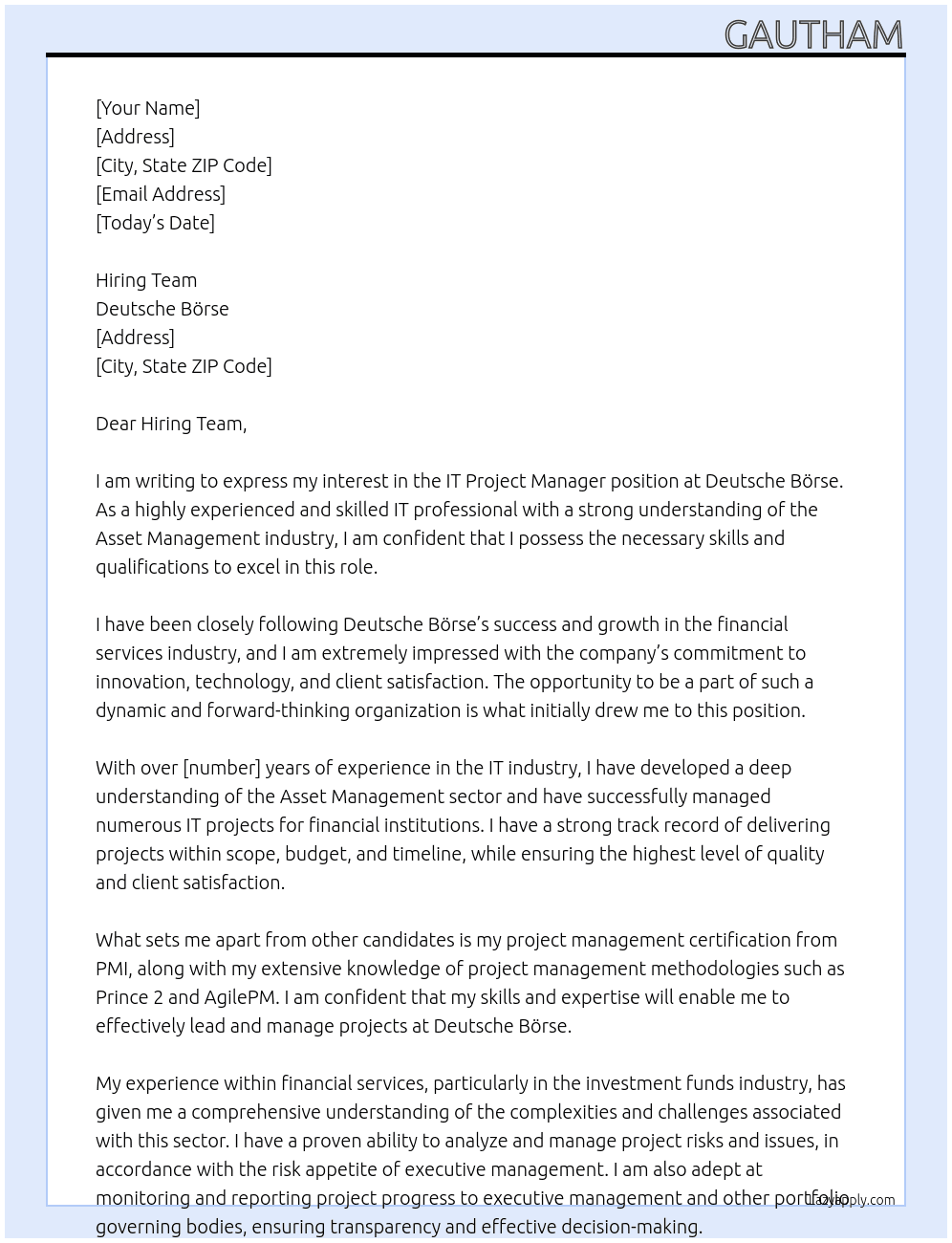 IT Project Manager  At Deutsche Börse Cover Letter