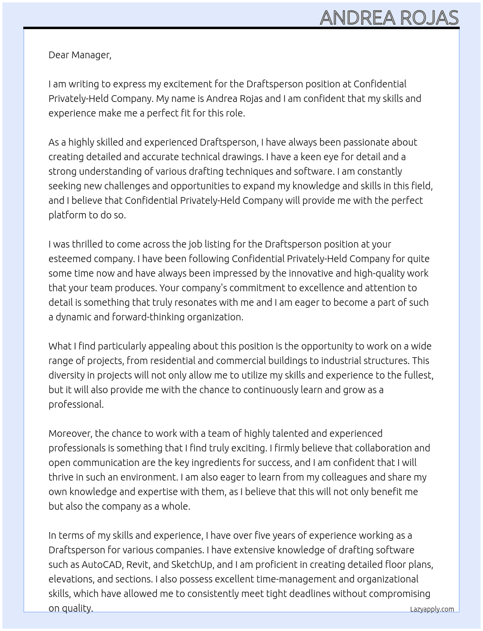 Draftsperson At Confidential Privately-Held Company Cover Letter