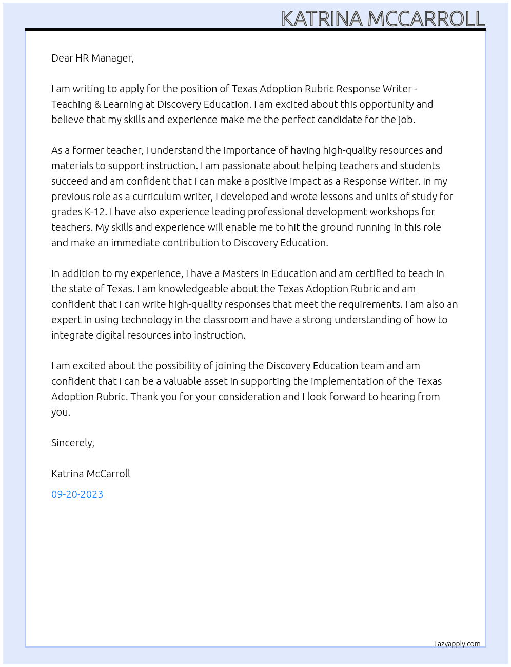 Texas Adoption Rubric Response Writer - Teaching & Learning At Discovery Education Cover Letter