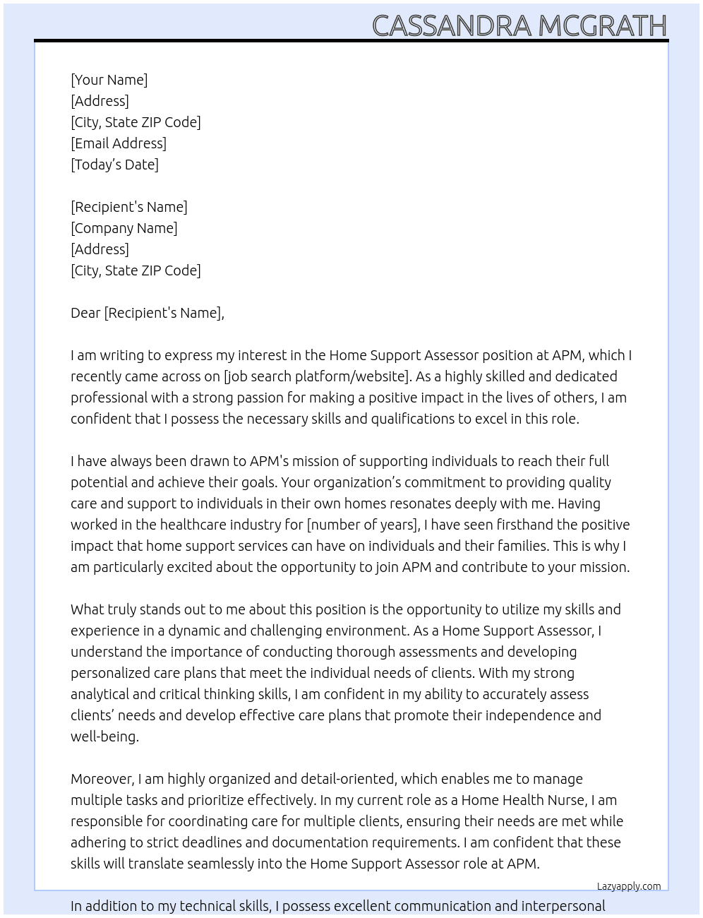 Home Support Assessor At APM Cover Letter