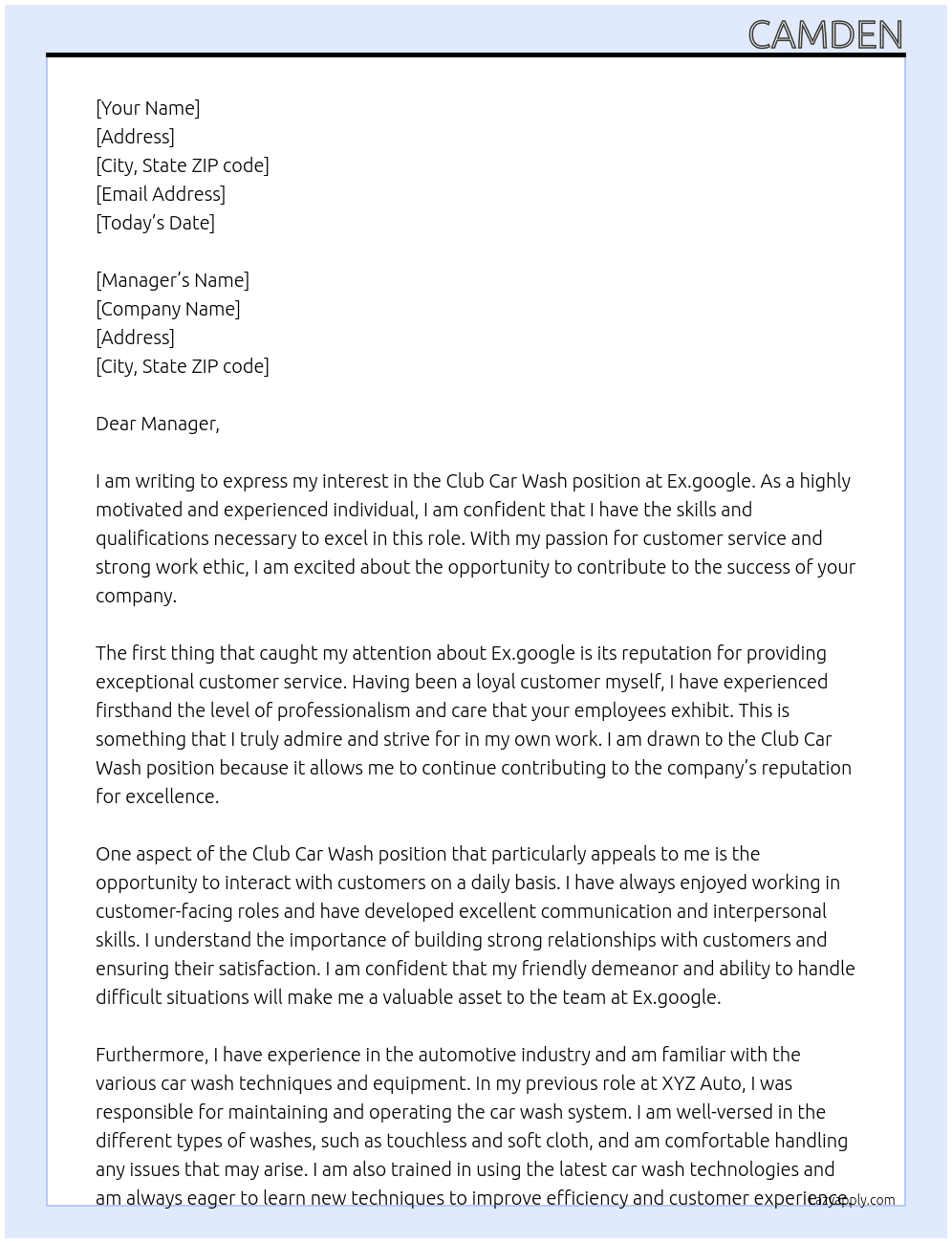 Club car wash At Ex.google Cover Letter