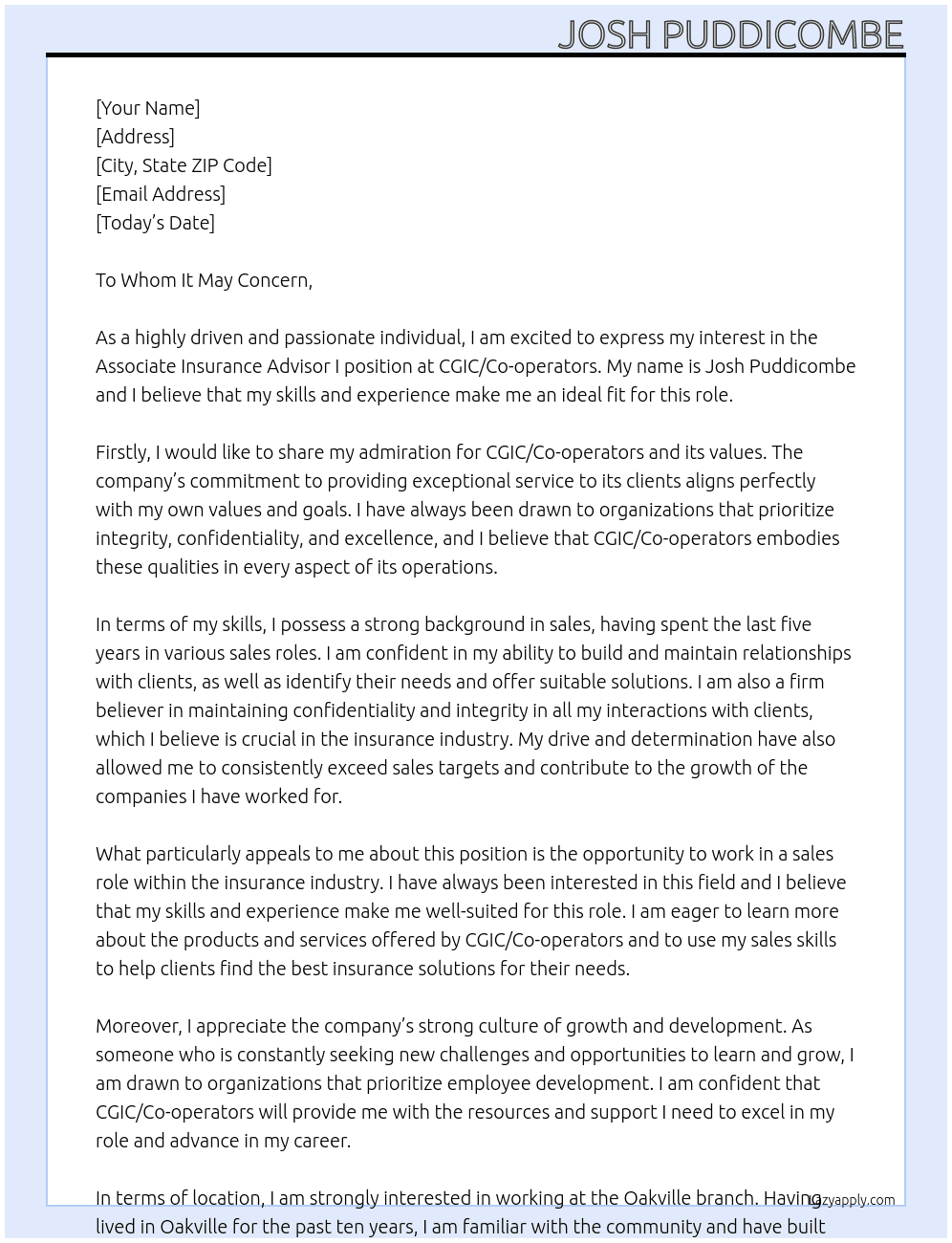 Associate Insurance Advisor I At CGIC/Co-operators Cover Letter