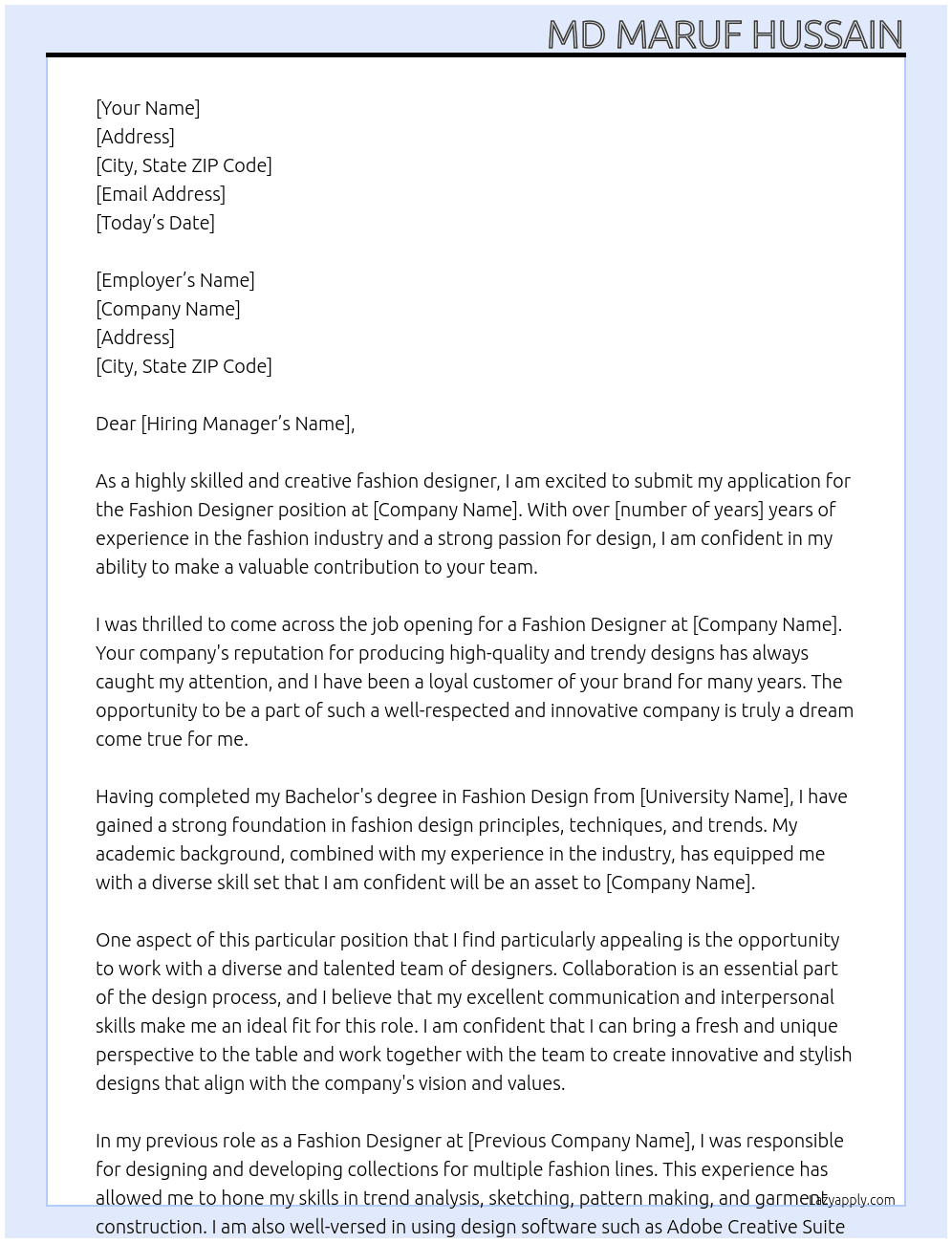 Fashion Designer At M&S Cover Letter