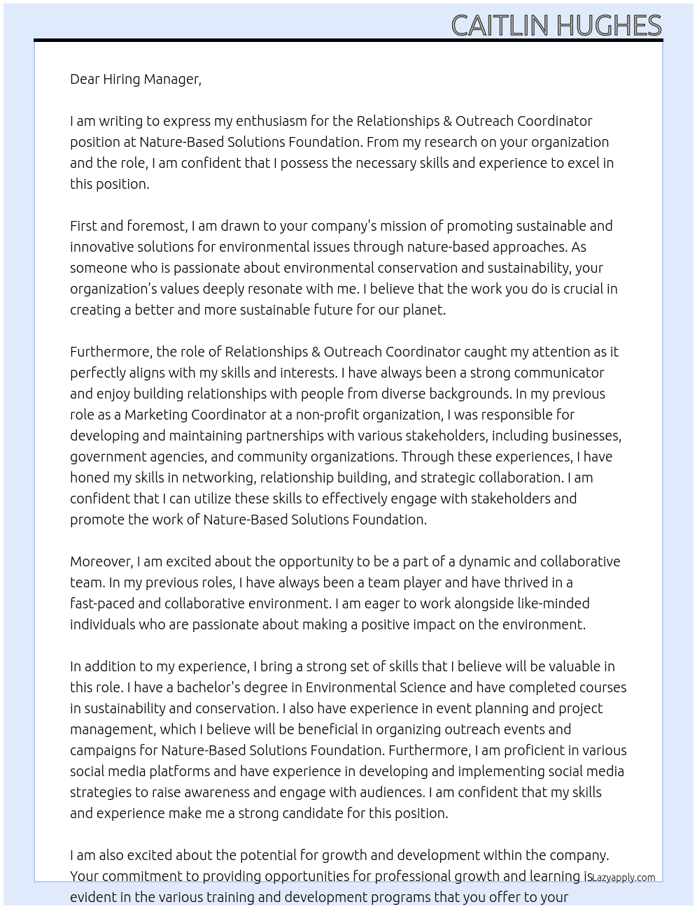 Relationships & Outreach Coordinator At Nature-Based Solutions Foundation Cover Letter