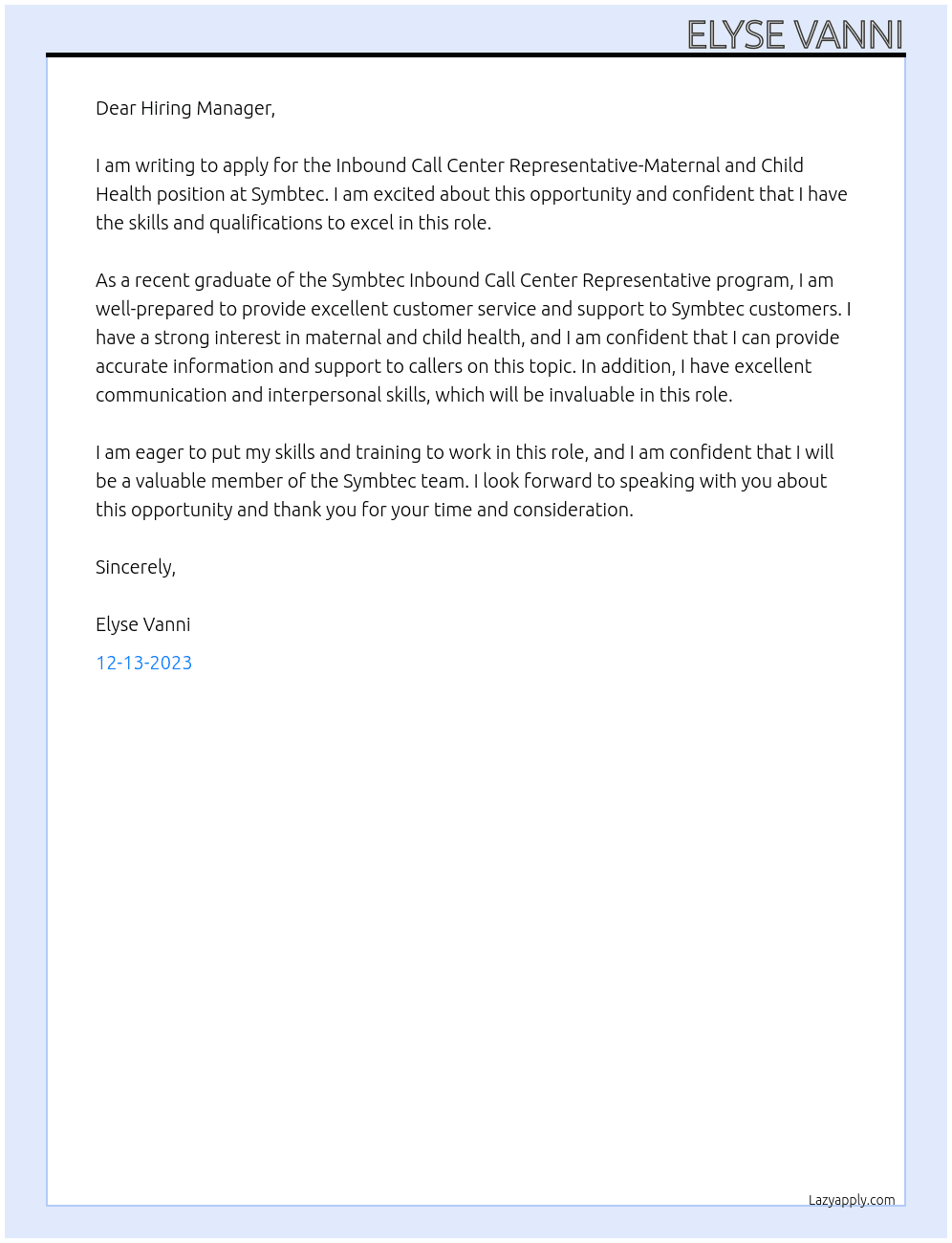 Inbound Call Center Representative-Maternal and Child Health At Symbtec Cover Letter