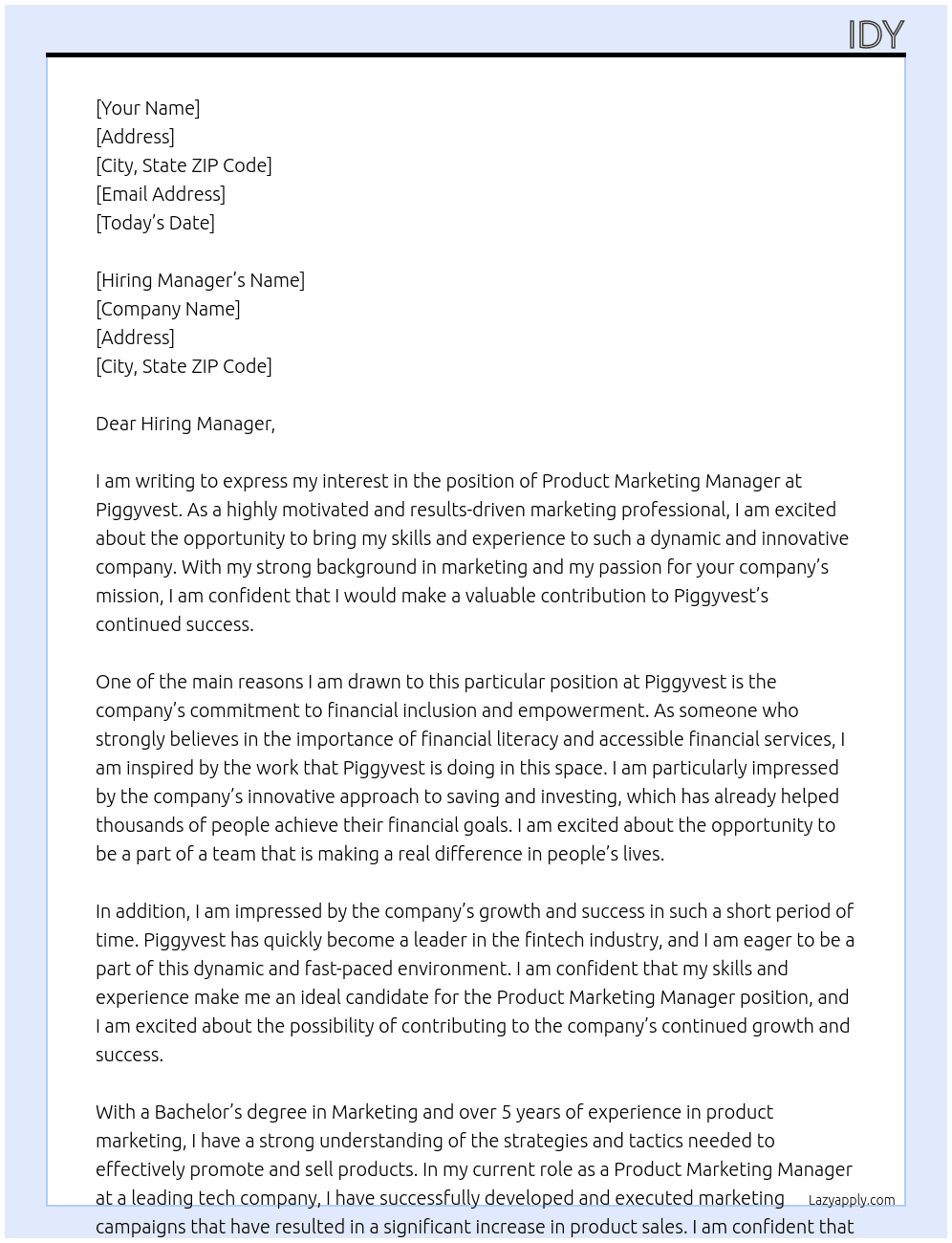 product marketing manager At piggyvest Cover Letter
