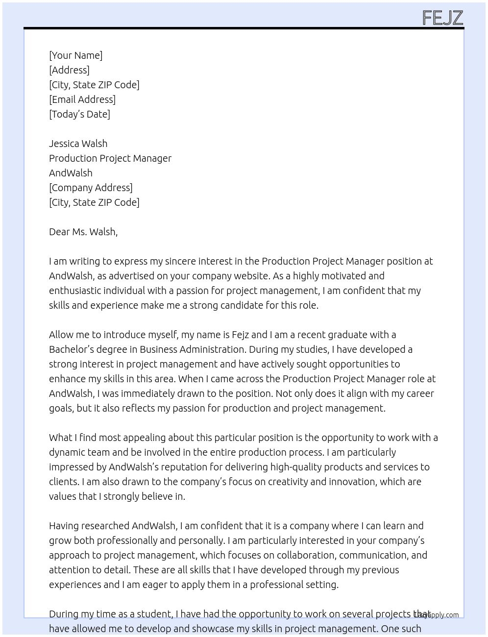 Production Project Manager At AndWalsh Cover Letter