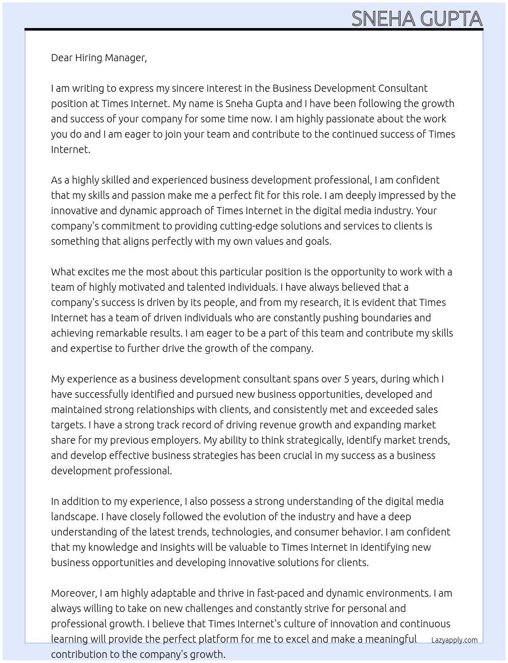 Business Development Consultant At Times Internet Cover Letter