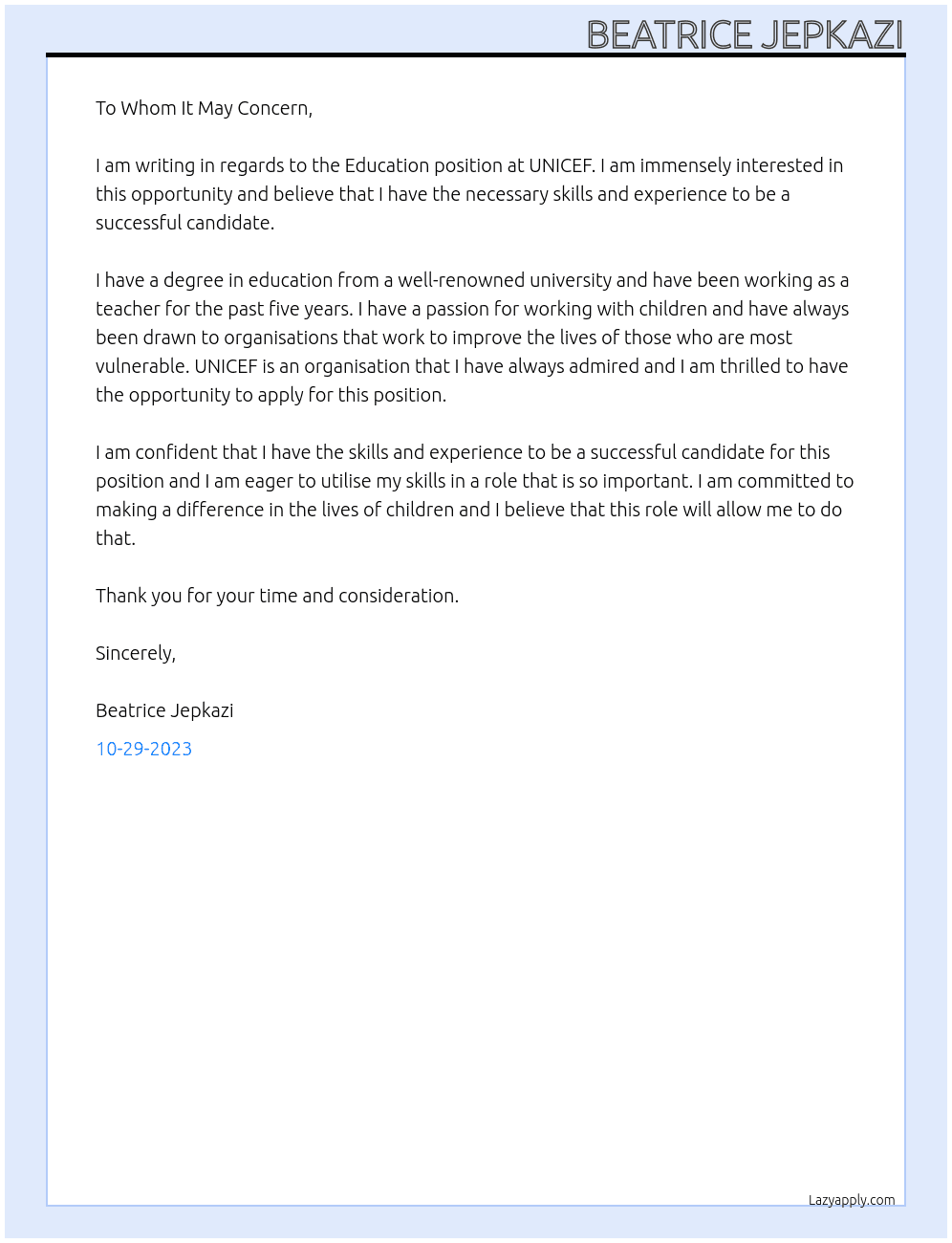 Education At UNICEF Cover Letter
