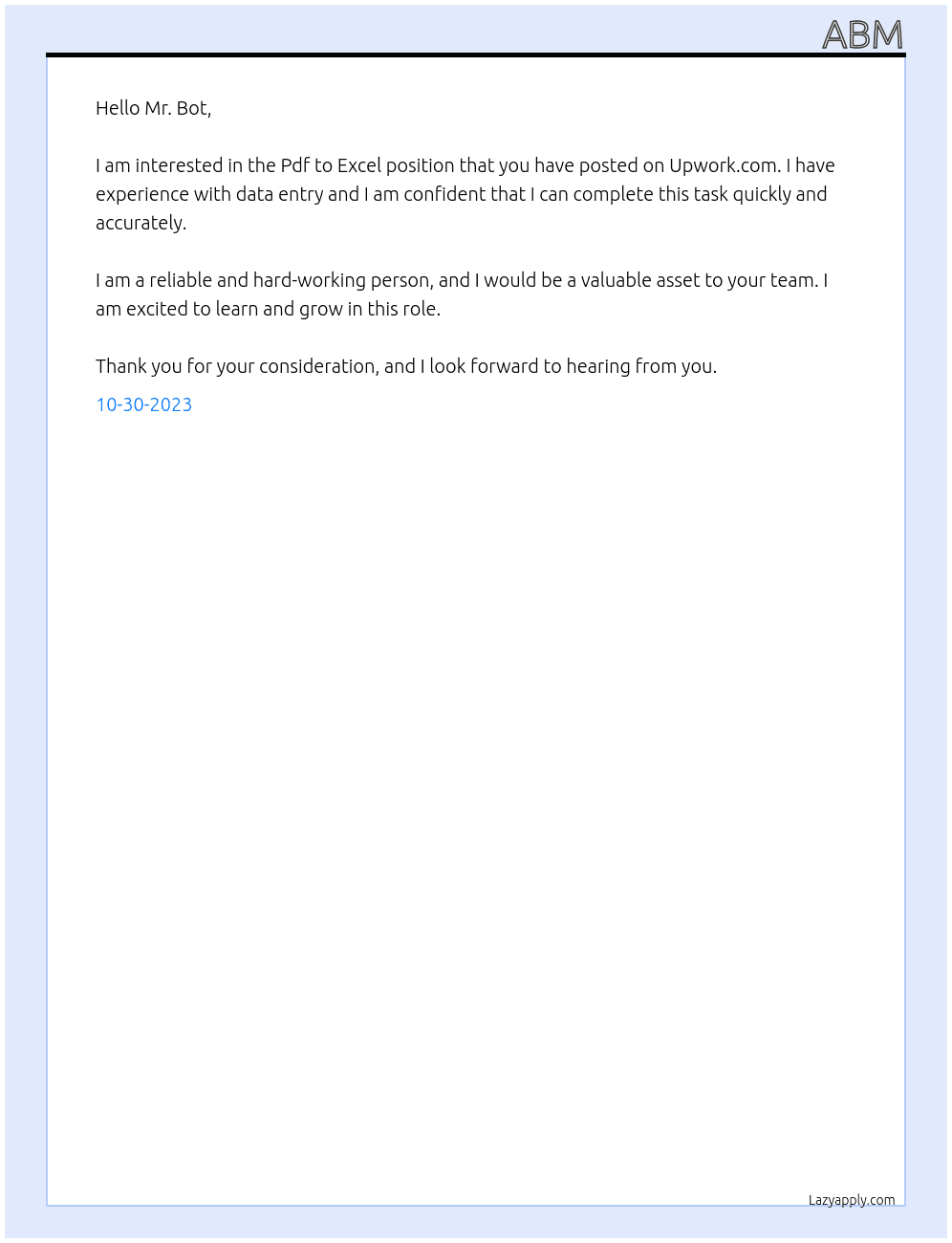 Pdf to Excel At upwork.com Cover Letter